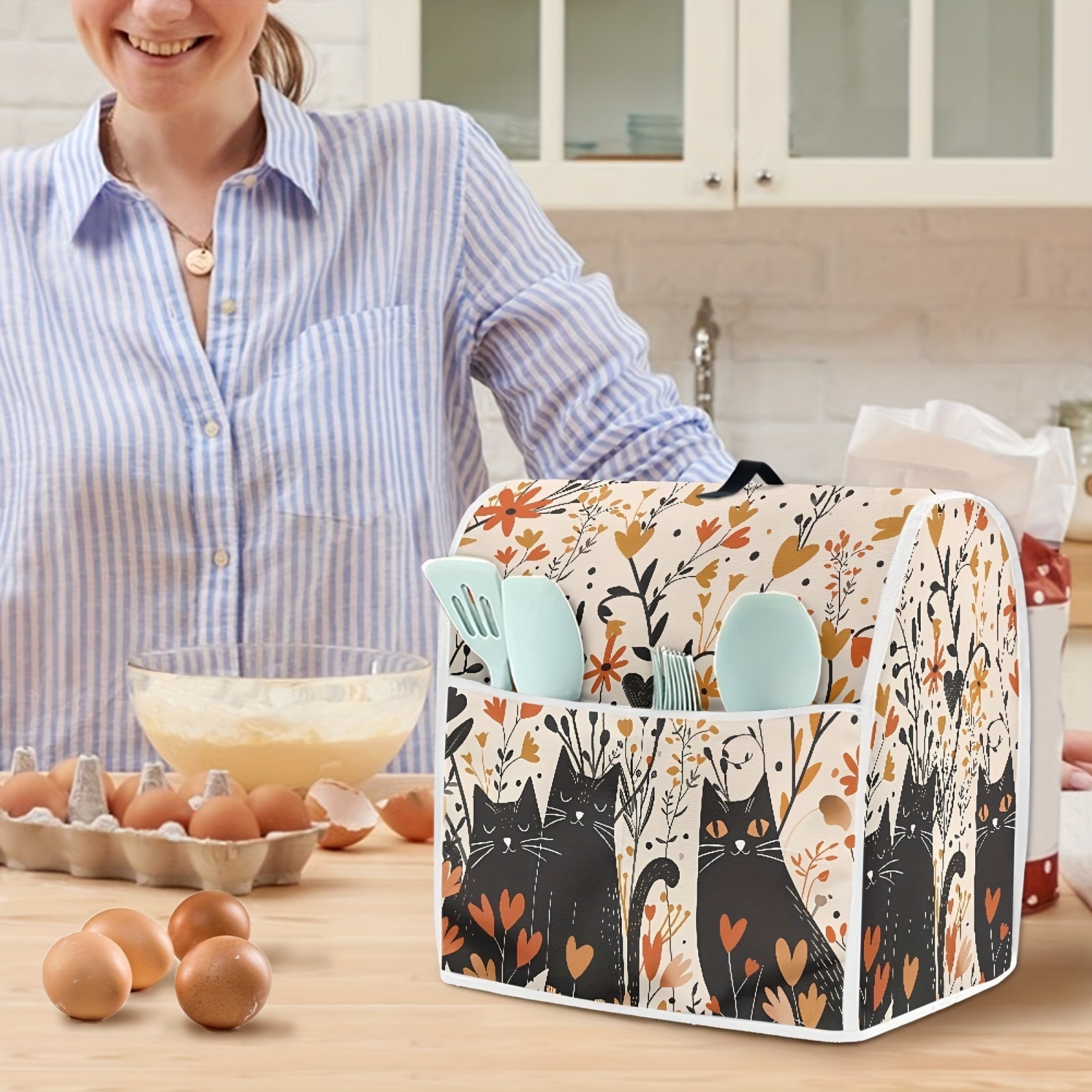 Protective Mixer Cover with Flowers and Cats Print Fits 6-8 Quart Dust-Free Storage