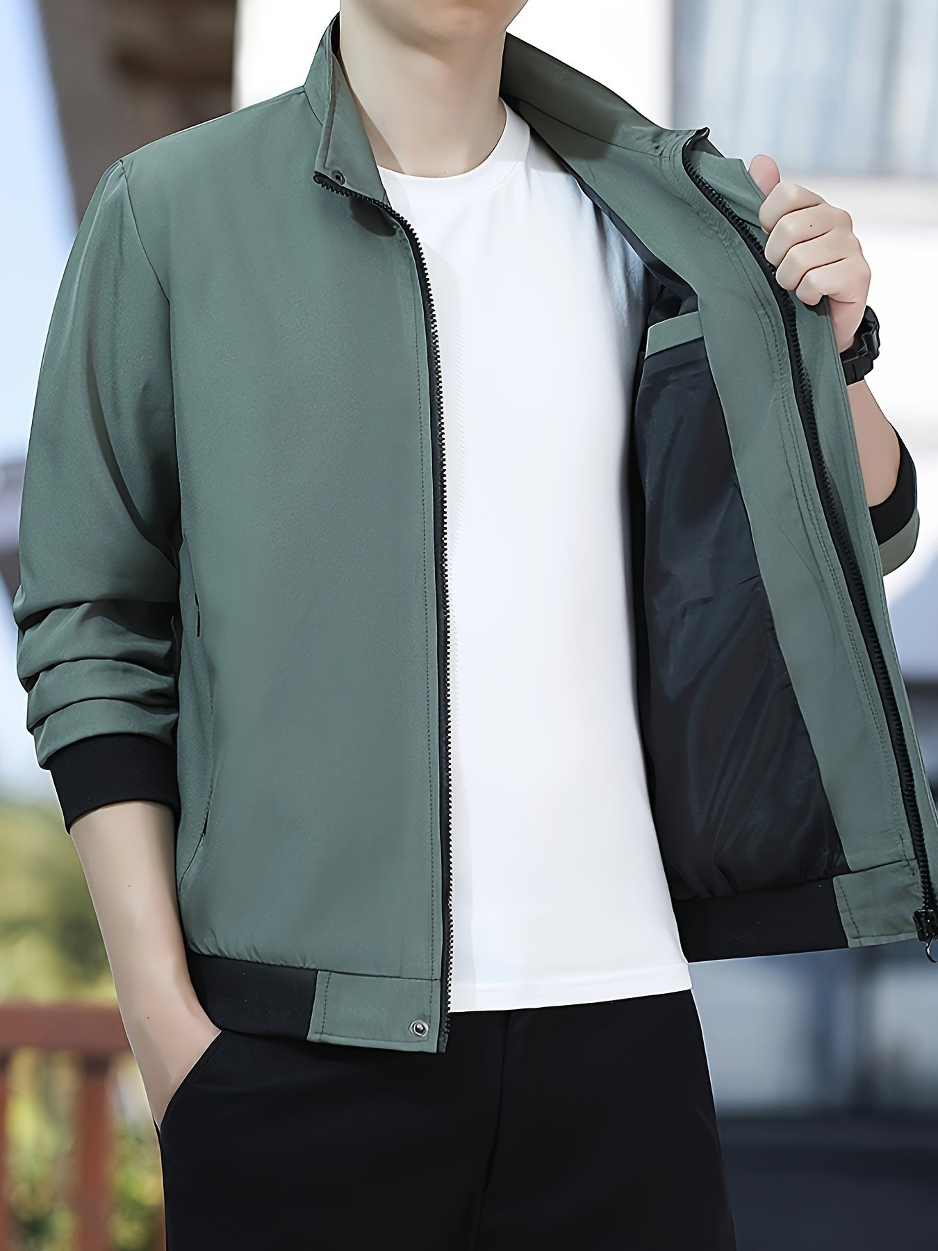 Men's Casual Zip-Up Jacket with Stand Collar Long Sleeve Fall Winter Polyester