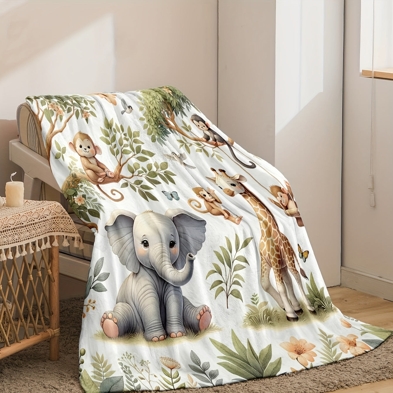 Soft Flannel Throw Blanket with Animal Designs Elephant Giraffe Monkey Cozy Plush for Couch Bed Travel