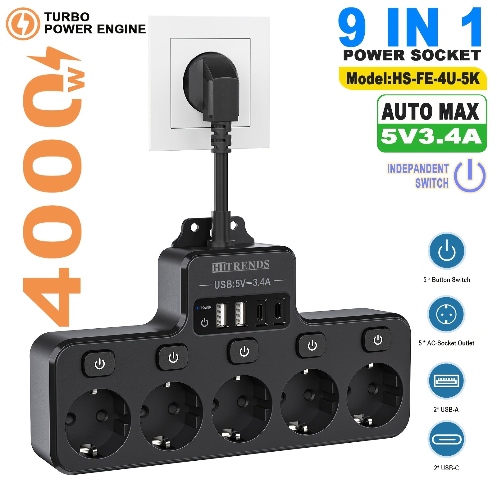 9-in-1 Power Strip with USB C and A EU Sockets Wall Mountable Safe Surge Protector
