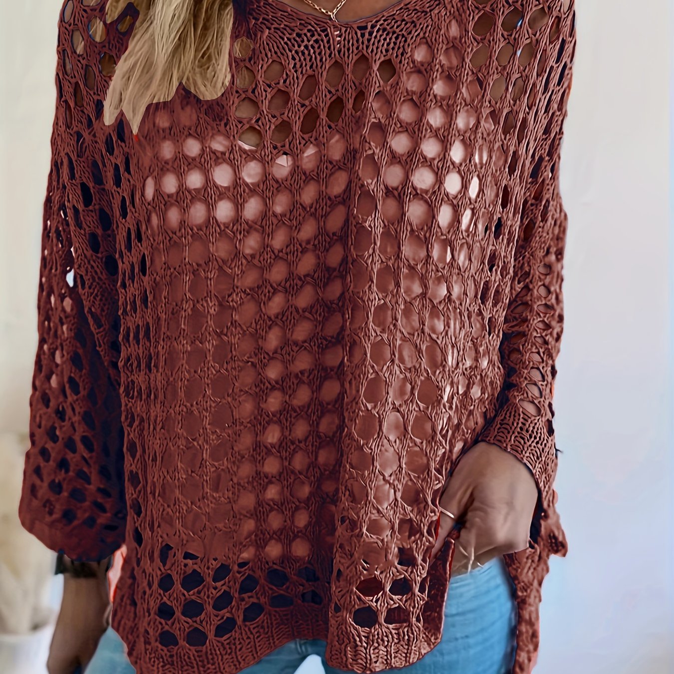 Plus o'lcham ayollar uchun kroşe tığ işi qovg‘a ustki uzun qolli V-shakl bo'yinli yashil