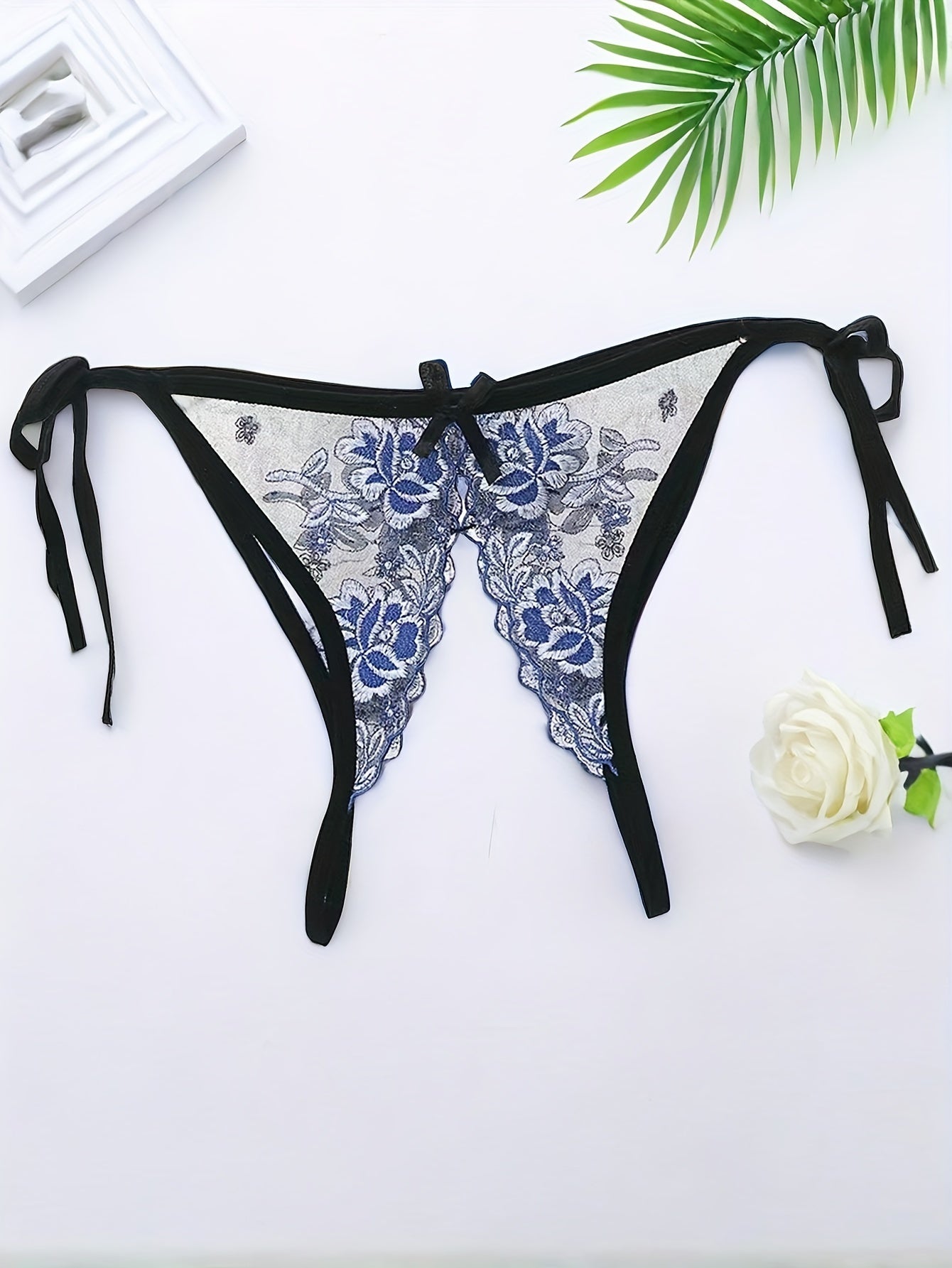 Women's Embroidered Floral Garter Thong Panties with Adjustable Slit and Knit Fabric