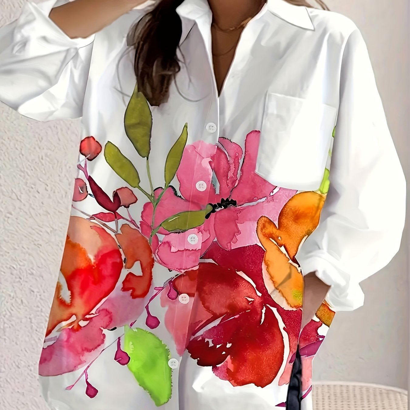 Women's Floral Print Long Sleeve Polyester Casual Shirt with Pockets