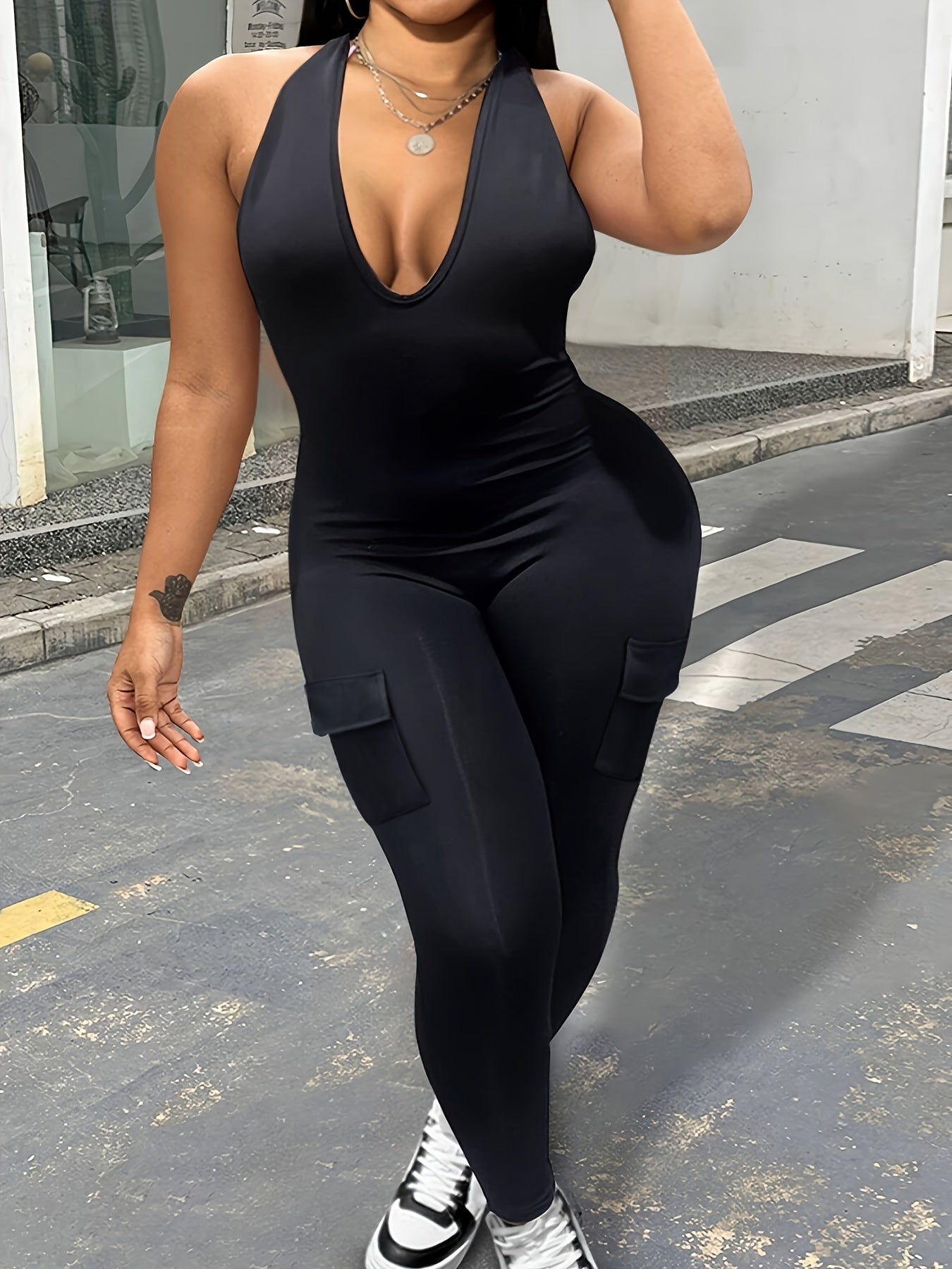 Plus Size Women's Black Stretch Bodysuit Jumpsuit for Casual and Formal Wear
