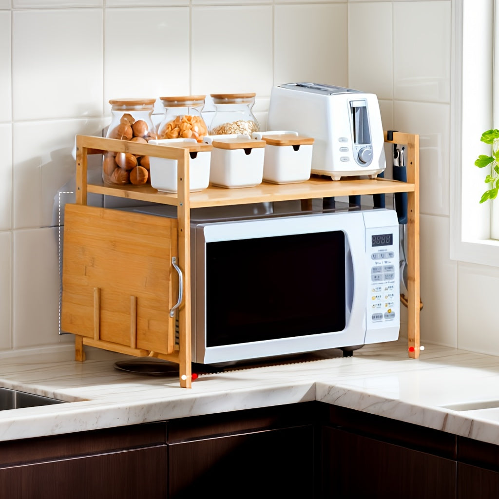 Oshxona tashkiloti uchun bambuk mikroto'lqinli pech uchun turuvchi va ziravorlar uchun rack bilan.