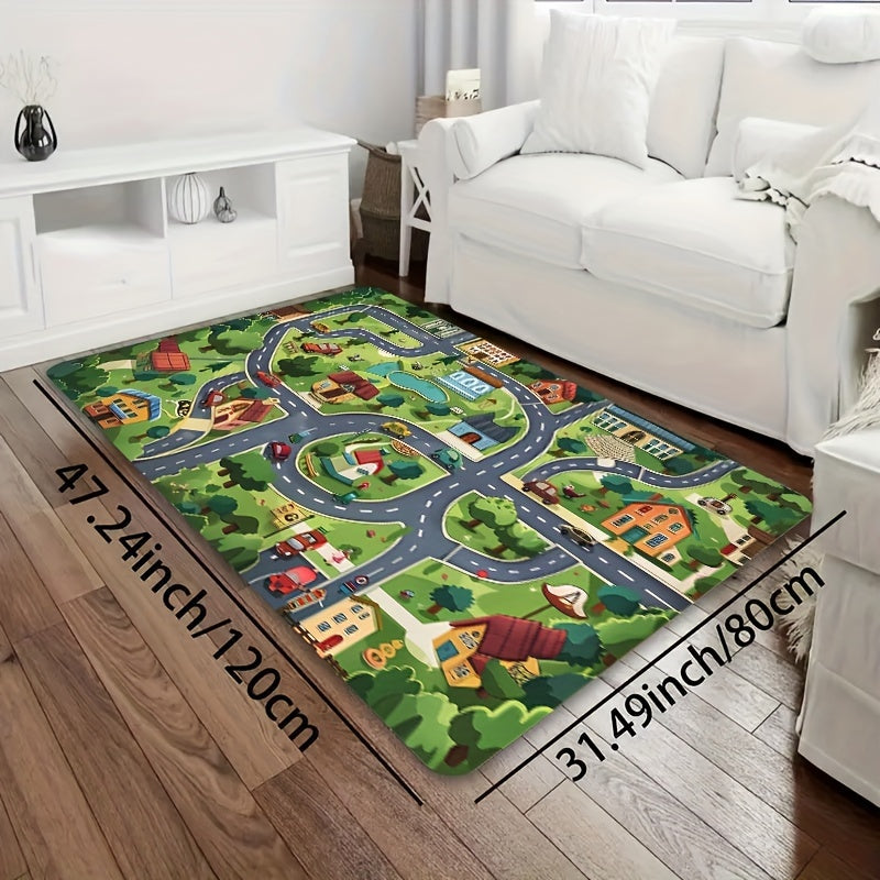 Alfombra de diseño de pueblo de dibujos animados verdes para habitaciones infantiles y espacios de estar