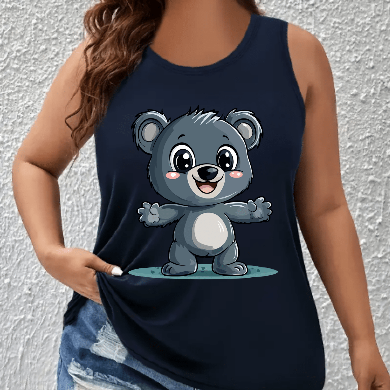 Women's Plus Size Off-Shoulder Vest Top With Cartoon Koala Print Breathable Stretchy Fabric