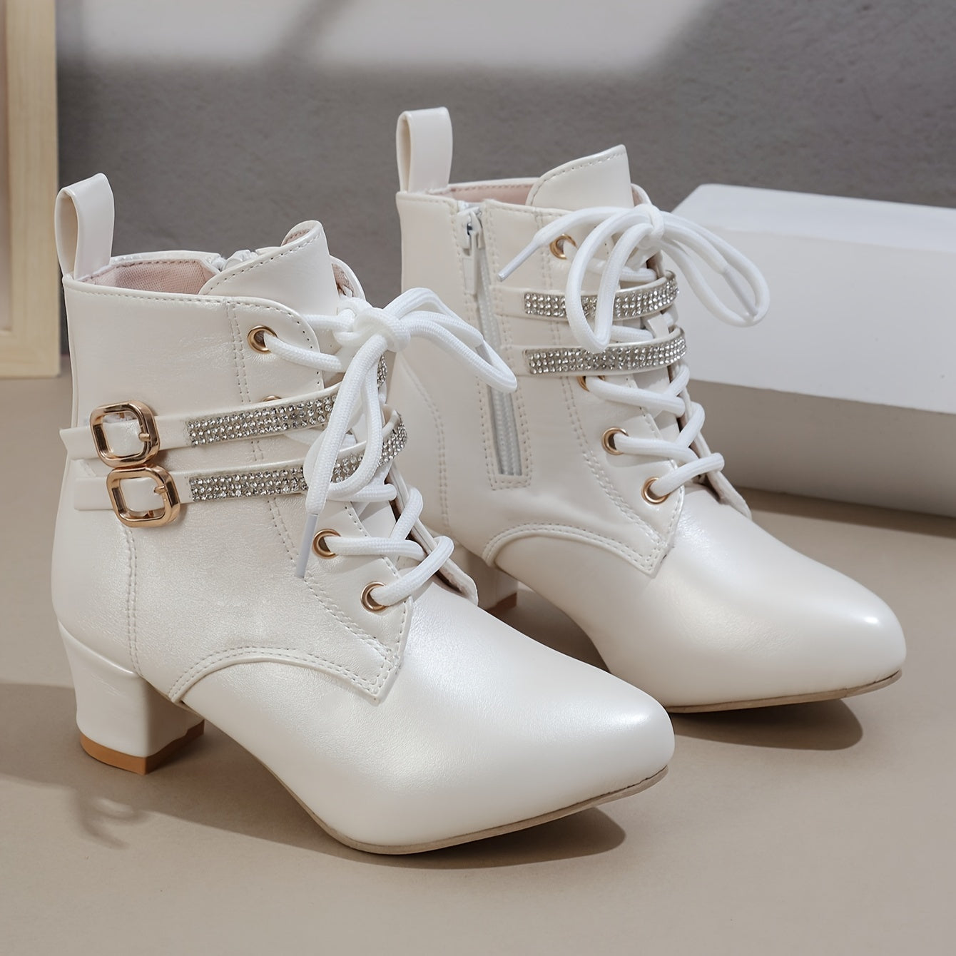 Women's White Ankle Boots with Golden Buckles Side Zipper Chunky Heel
