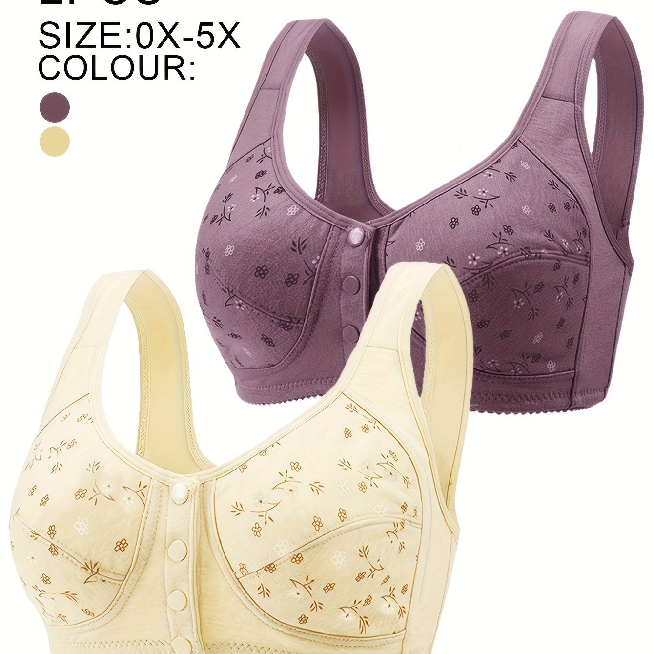 Plus Size Wireless Bras Set with Button Detail No Padding Random Print