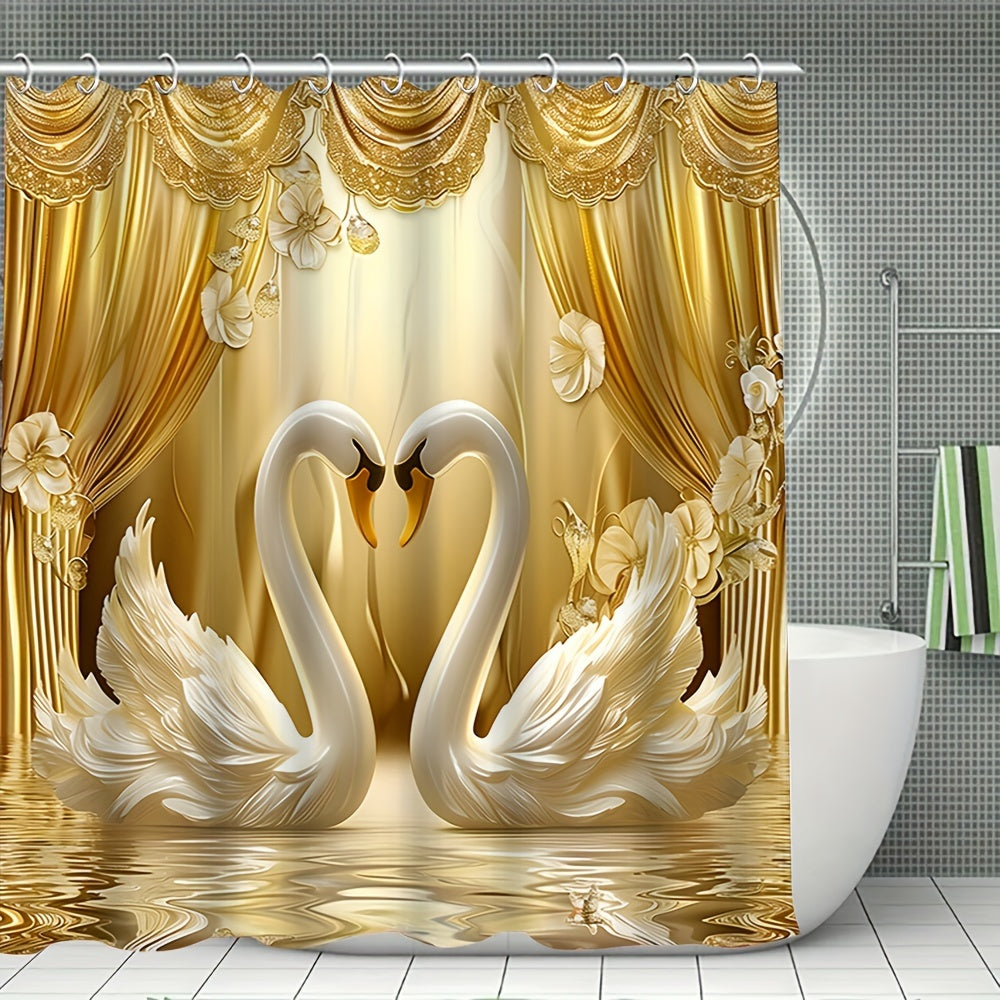 Golden 3D Swans Bathroom Set with Hooks Curtain Mat Seat Cover Rug for Valentine's Day