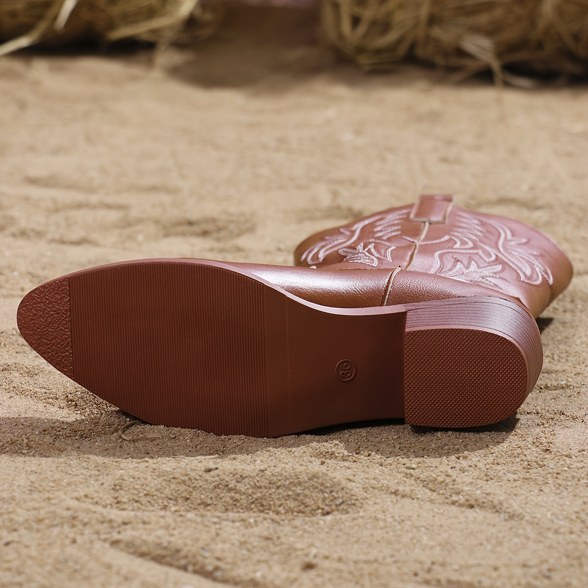 Women's Faux Leather Western Mid-Calf Boots with Baroque Embroidery