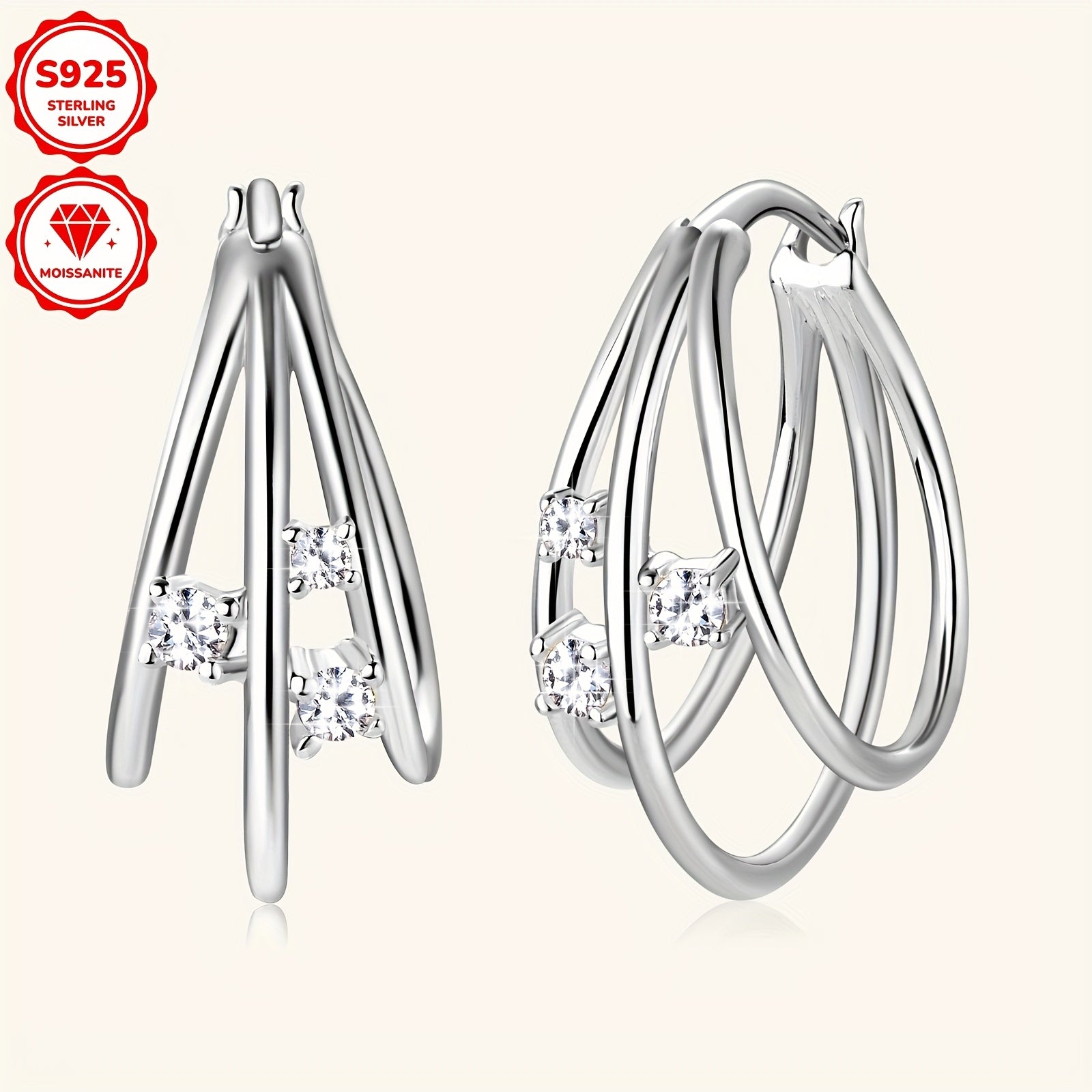 Sterling Silver Women's Hoop Earrings with Moissanite 3 Pairs 2mm 1.5mm