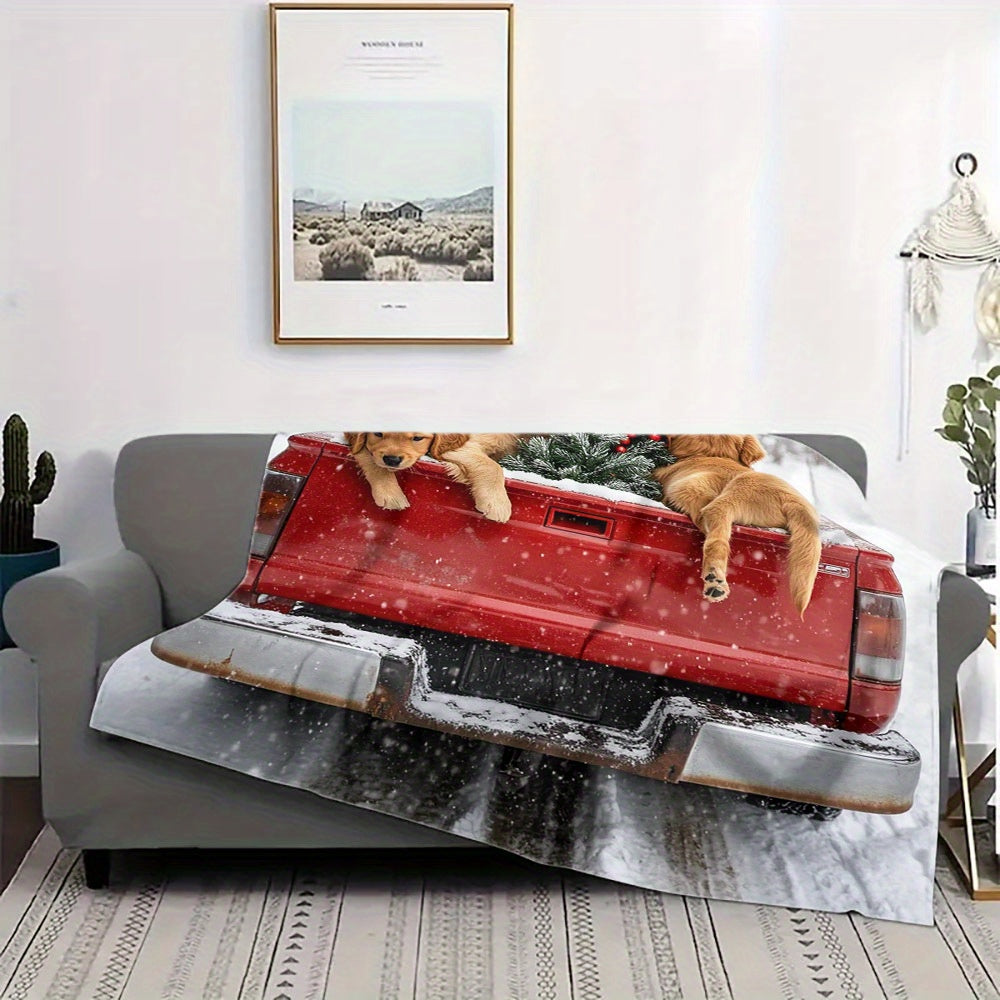 Flannel Fleece Throw Blanket with Cartoon Golden Retrievers and Red Truck Winter Theme Hypoallergenic Quilted Gift
