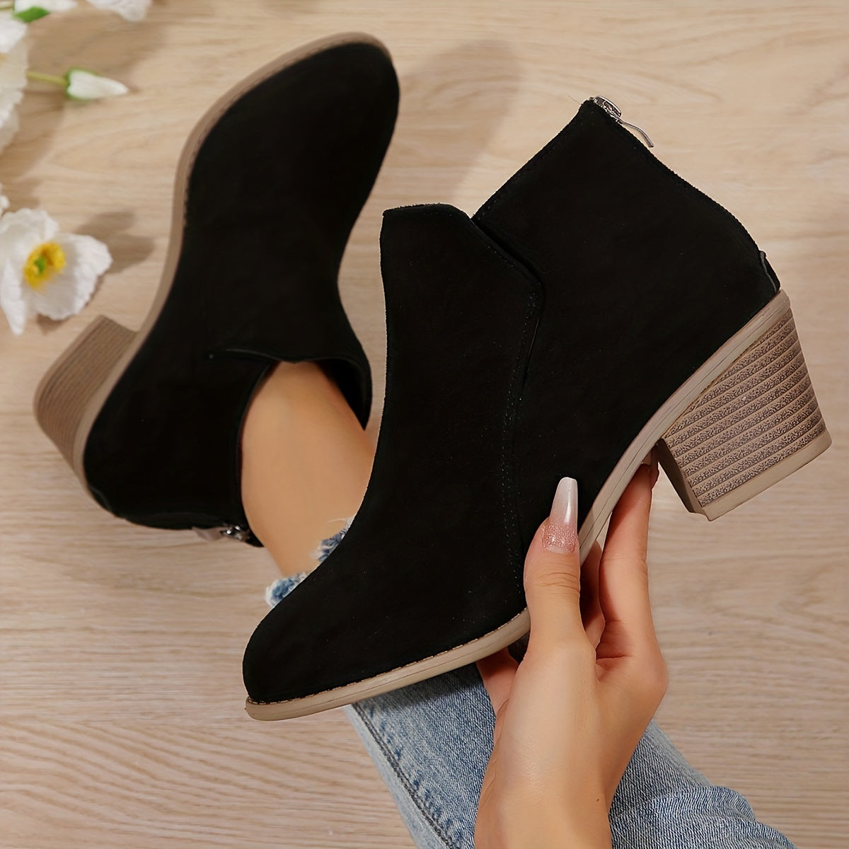 Women's Suedette Ankle Boots with Chunky Heel and Pointed Toe