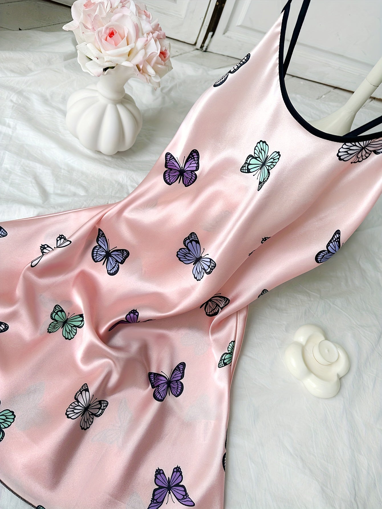 Women's Satin Nightgown with Butterfly Print Adjustable Cross Straps All-Season Sleepwear