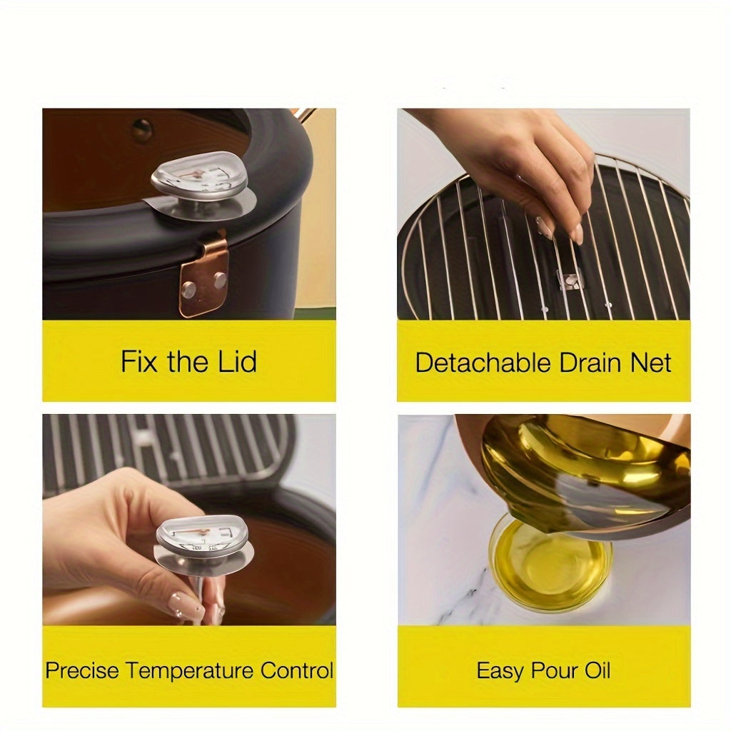 Olla de freidora profunda antiadherente negra con termómetro y calentamiento rápido