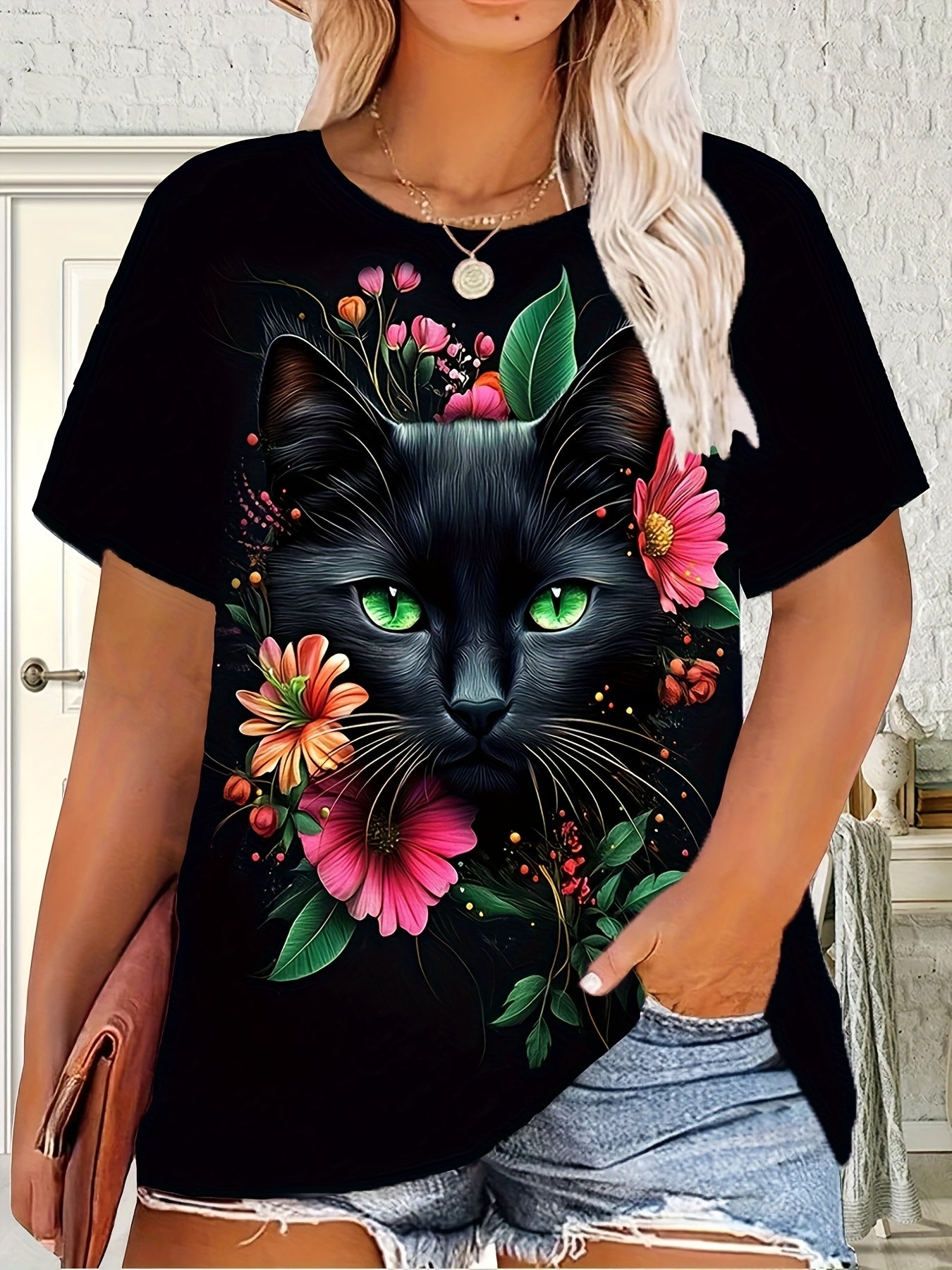 Plus Size Women's Floral Cat Print Short Sleeve T-Shirt Summer Casual Top