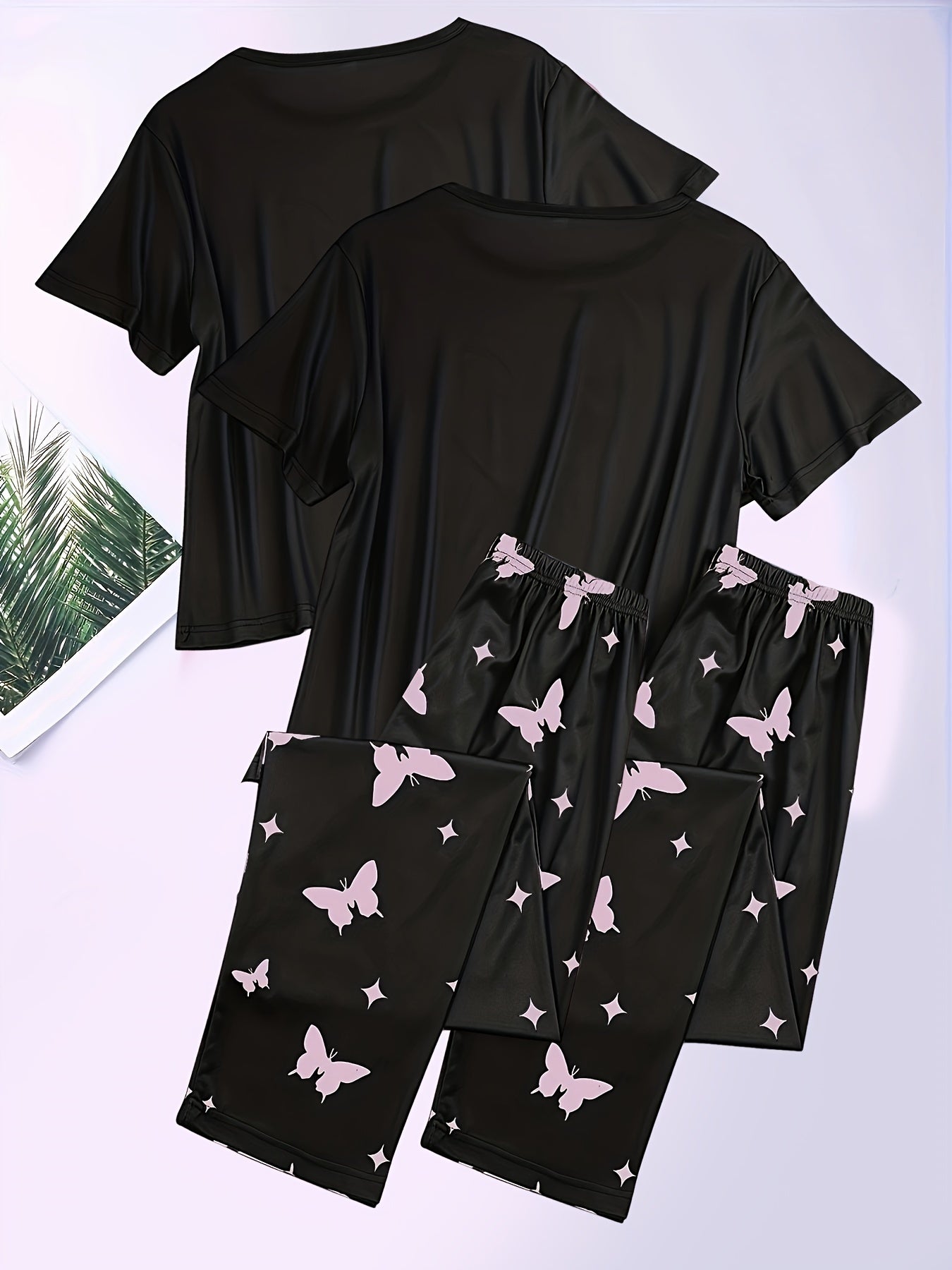 Women Cotton Floral Pajama Set Short Sleeve Long Pants Homewear