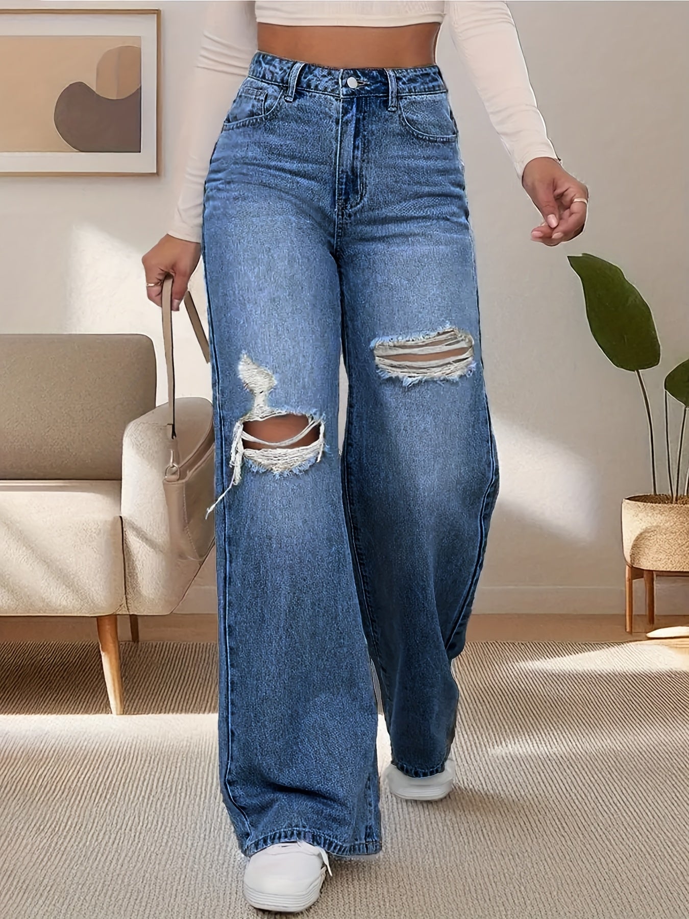 Women's Plus Size High-Waisted Ripped Jeans Stretch Denim Wide Leg Pants