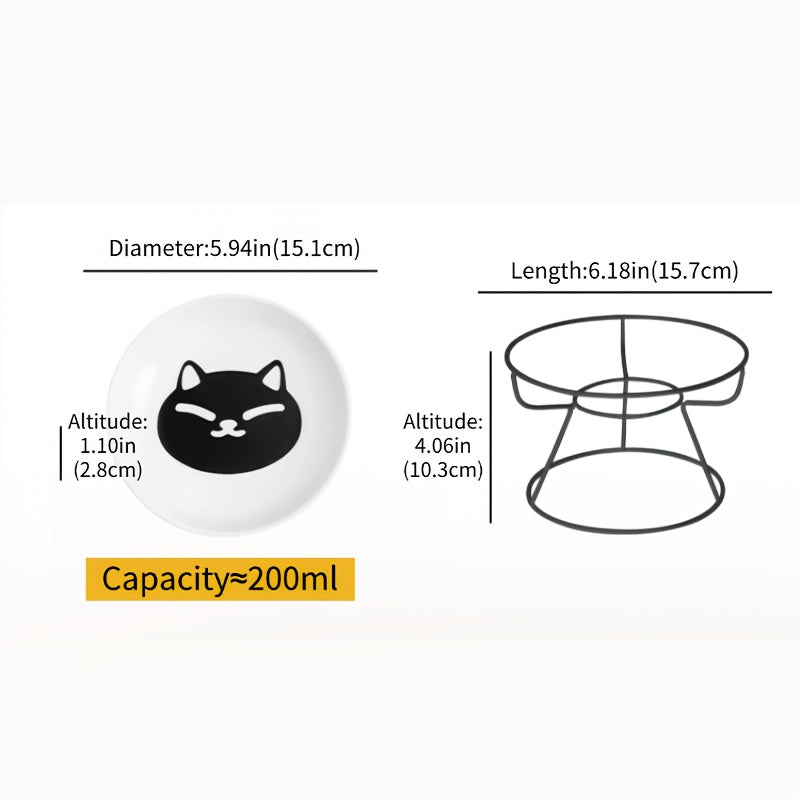 Ceramic Cat Feeding Bowls Set of 2 High Table with Cartoon Pattern for Home Use
