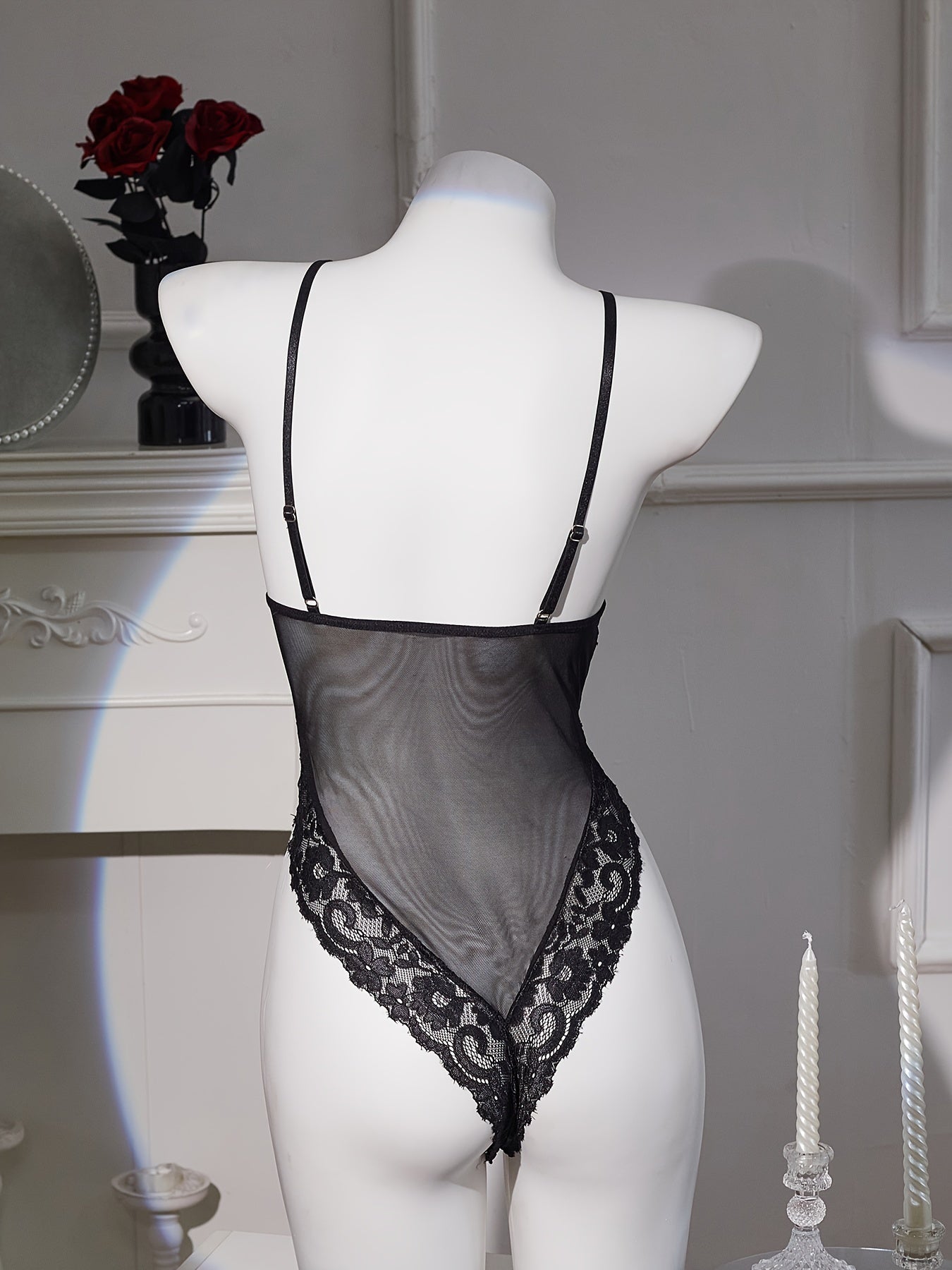 Women’s Lace Bodysuit Hollow-Out Knit Lingerie Solid Color Low Support