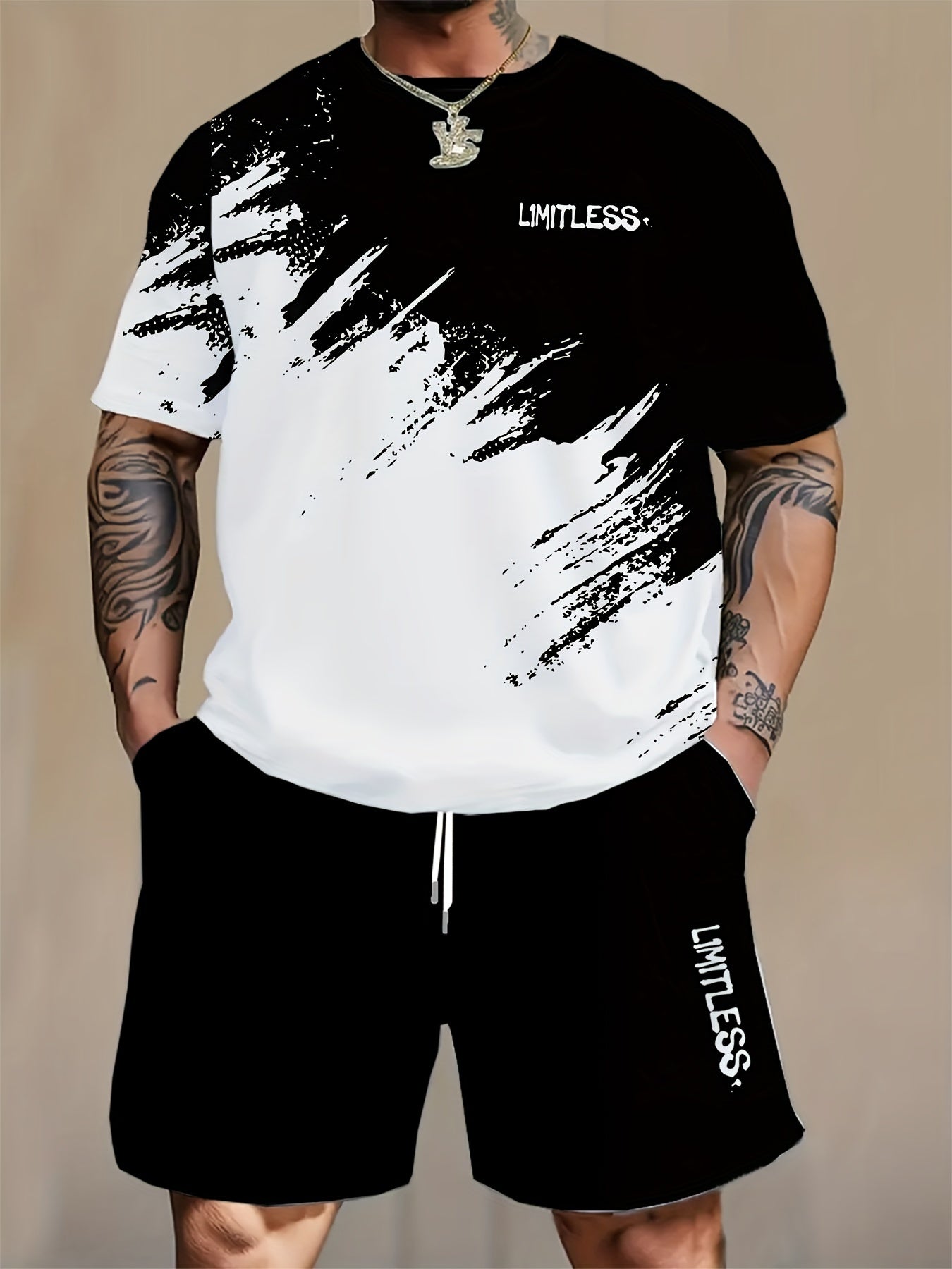 Plus Size Men's Geometric Pattern Sweatsuit Set Polyester Knit Casual Lounge Wear