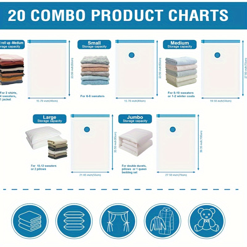 20 ta vakuum siqish saqlash sumkasi to'plami, kiyimlar, ko'rpa va ko'ylaklar uchun havo o'tkazmaydigan saqlash idishlari, yotoqxona, shkaflar va yotoqxonalarda joyni tejovchi tashkilotchi, sayohat uchun zarur joyni tejovchi