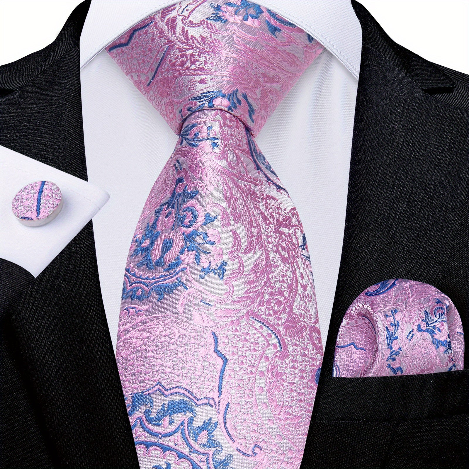 Stylish Men's Pink Patterned Tie Set with Pocket Square, Hanky, and Cufflinks - Perfect for Weddings or as a Gift