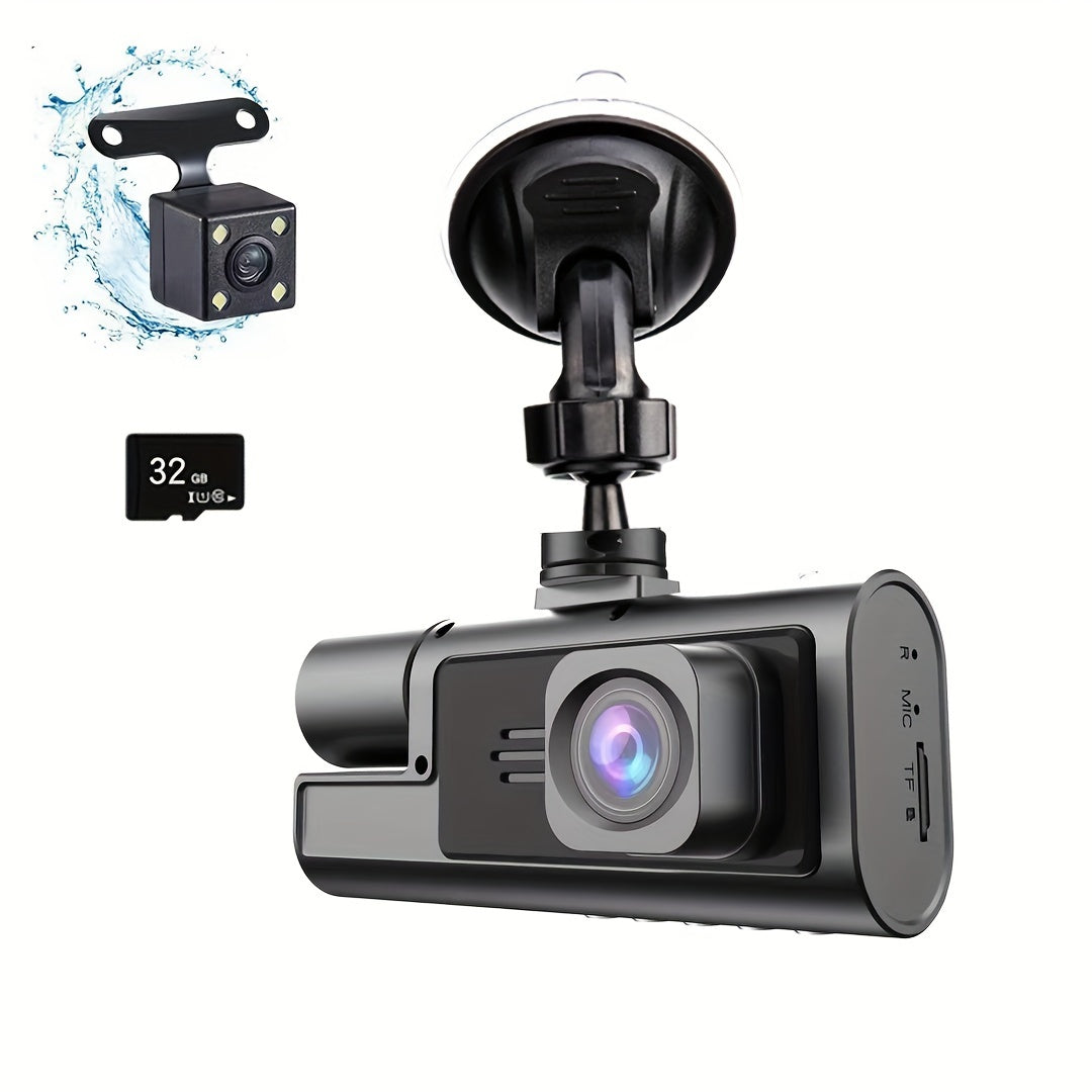 Three-Lens 1080P HD Car Dashcam with Night Vision and Reversing Camera