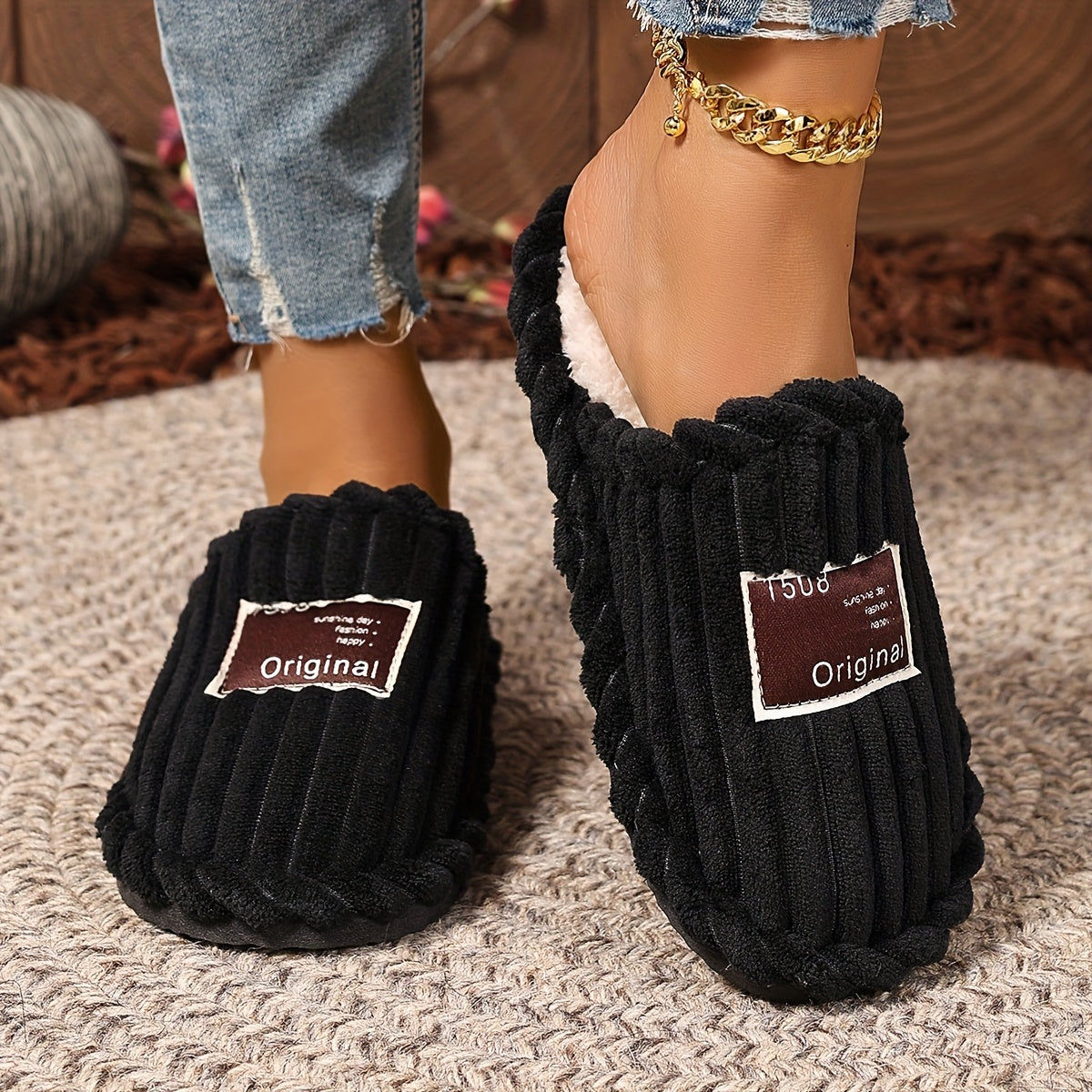 Uniseks korduroy paxta bilan qoplangan yopiladigan shippaklar, antiskid taglik bilan, ichki uy poyabzali uchun ayollar va erkaklar