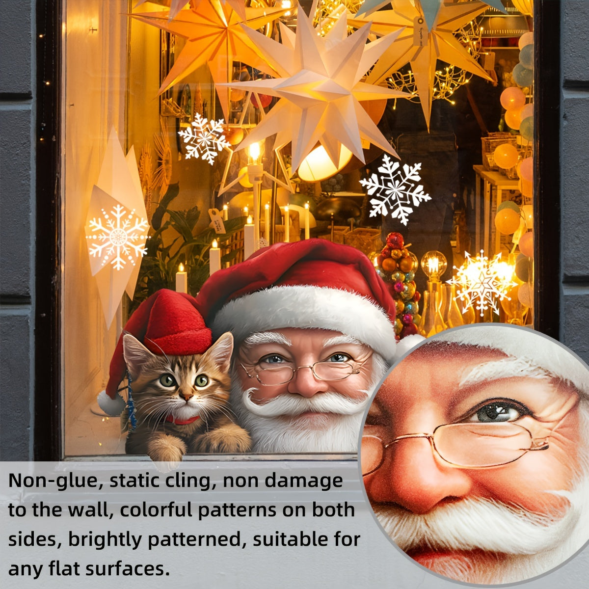 Double-Sided Christmas Santa and Kitten Window Cling Reusable PVC Decal