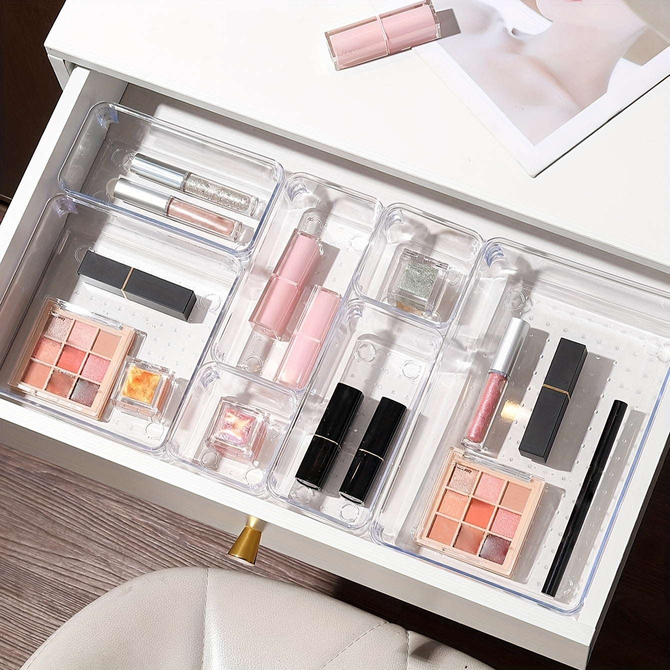 7-Piece Cosmetic Storage Box with Drawer Dividers for Organizing Makeup and Sundries