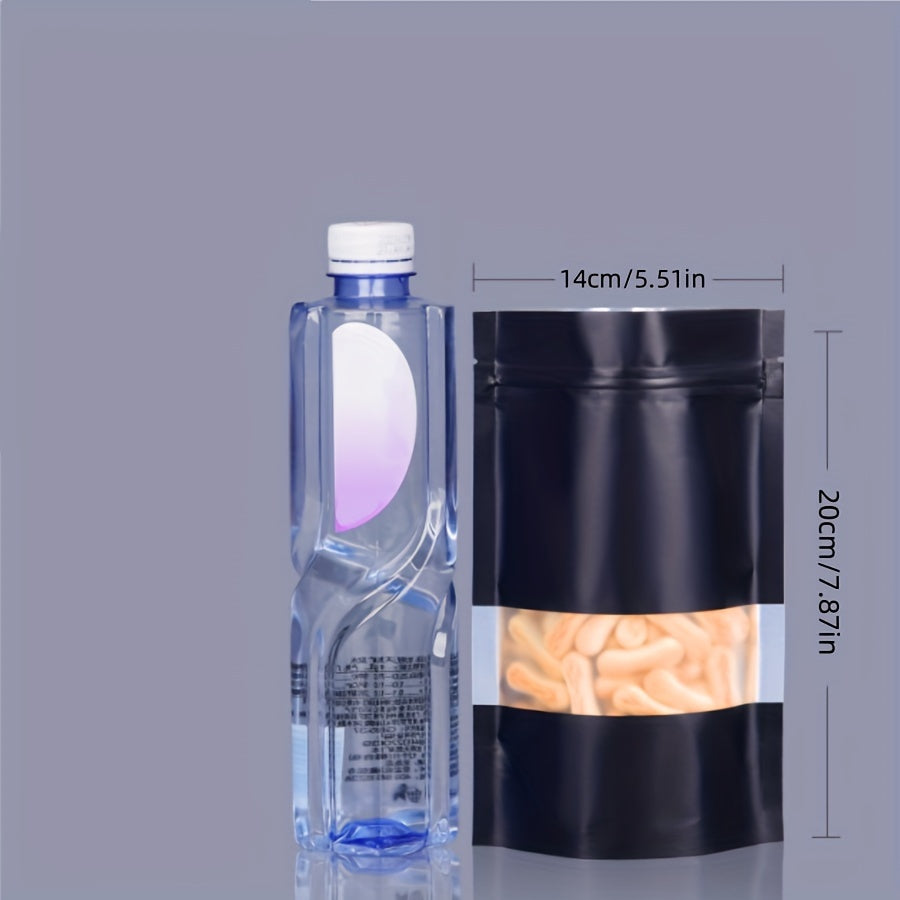 50 piezas de bolsas de embalaje con ventana abierta en negro para galletas, caramelos, café, té, auto-cierre, plástico esmerilado