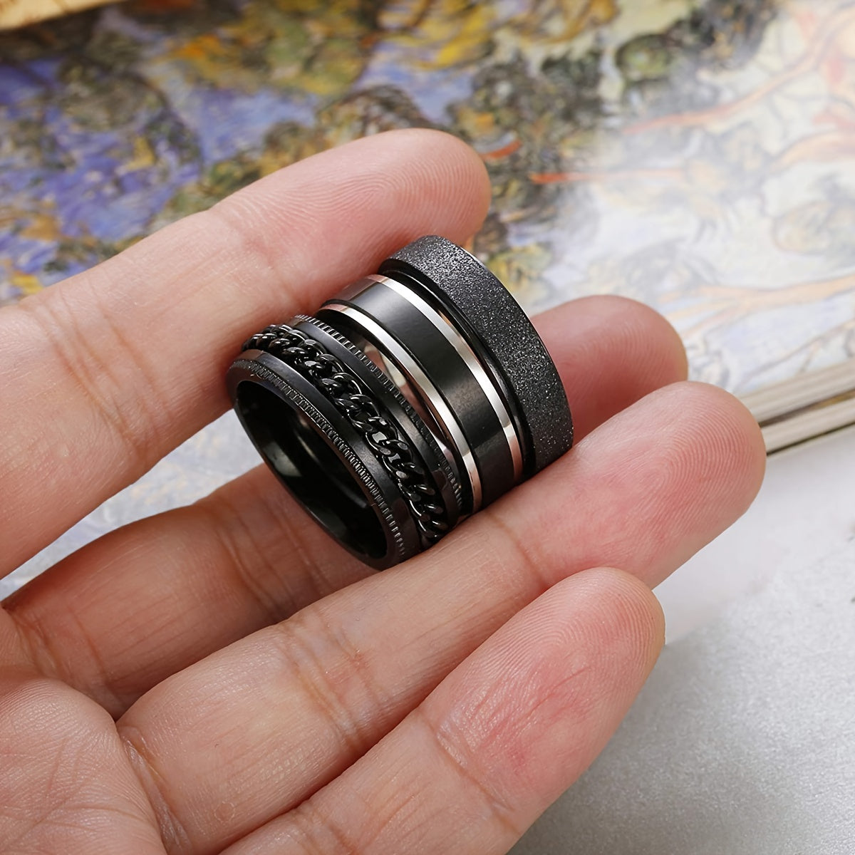 Set of 8 Men's Stainless Steel Rings Vintage Design Rotating Bands Sizes 7-13