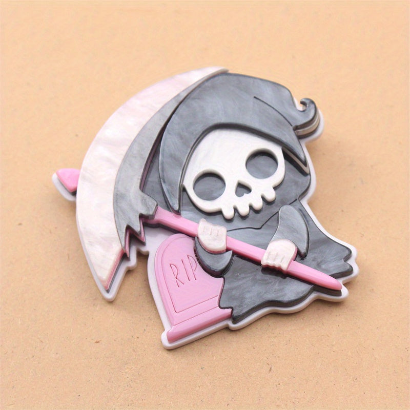 Halloween Costume Accessory Brooch, Grim Reaper Hand Scythe and Tombstone Pin, Acrylic Halloween Jewelry