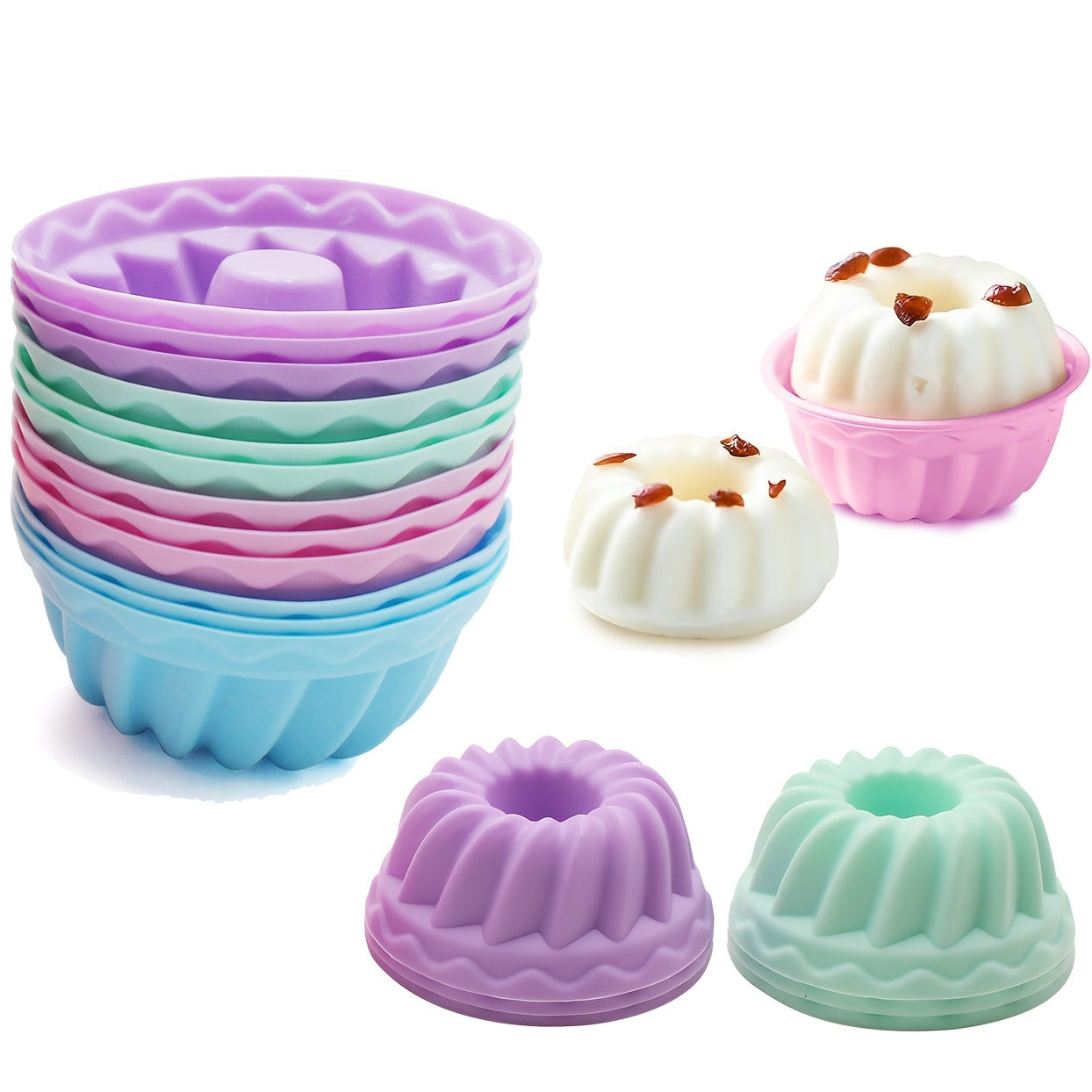 Silicone Muffin Cups Set 12 Fluted Tube Cake Liners Reusable Mini Bundt Molds