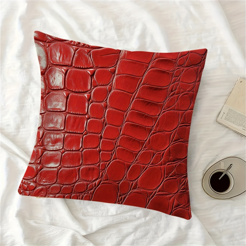 Square Pillow Cover with Crocodile Leather Print Polyester Double-Sided Washable Durable Woven Fabric