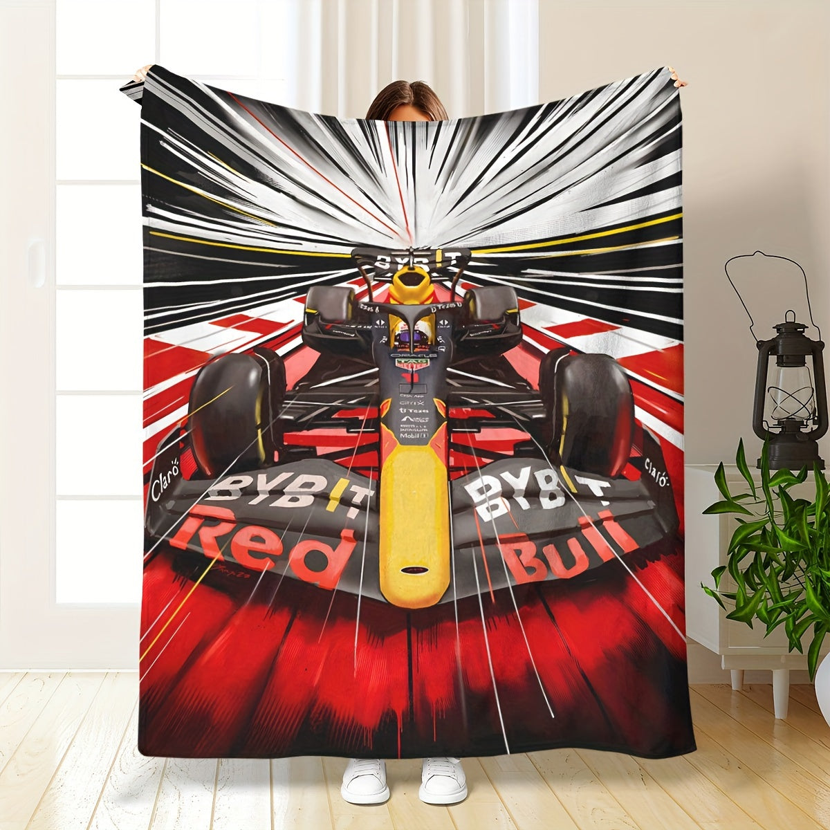 All-Season Flannel Sofa and Nap Blanket Red Black Yellow Digital F1 Racing Car Design