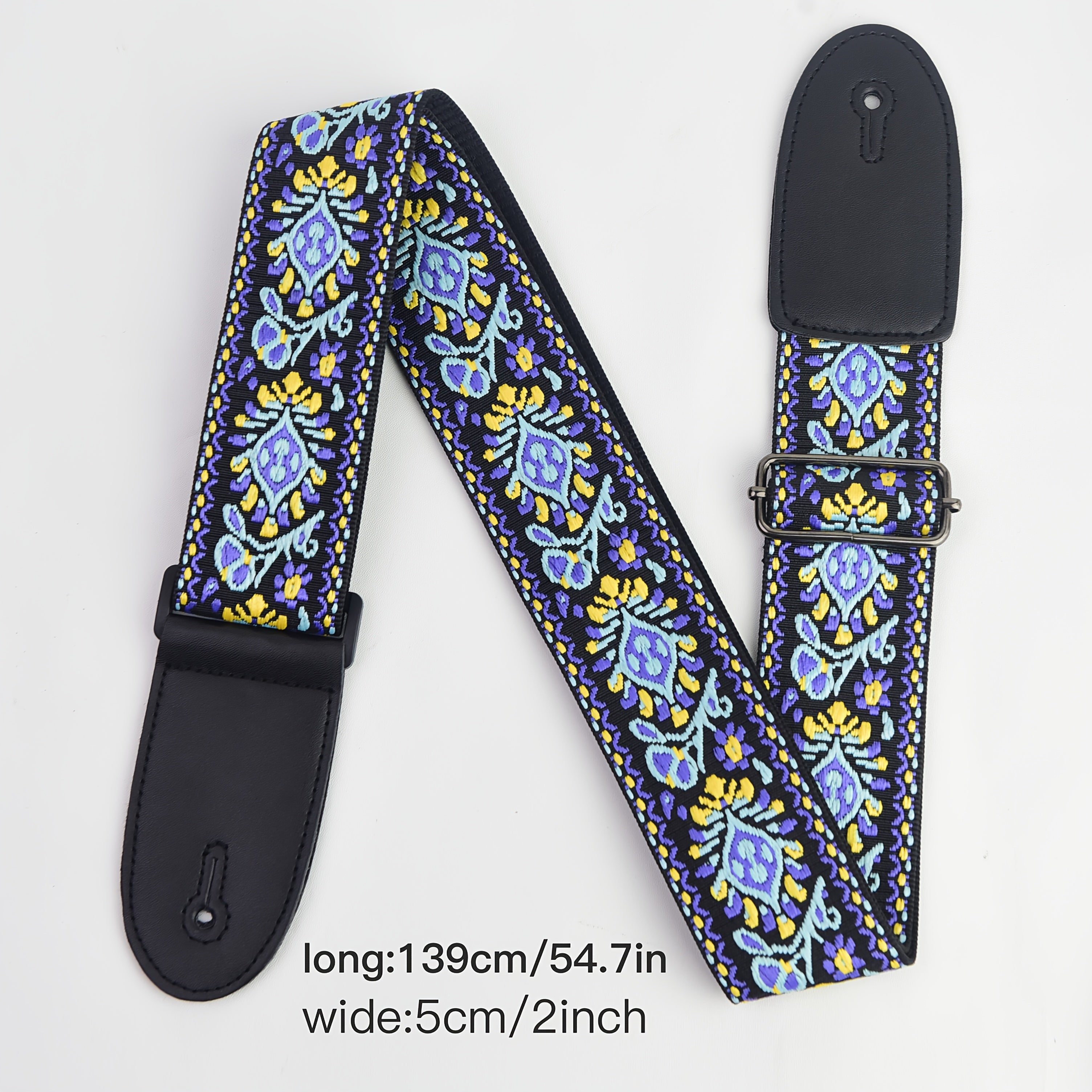 Correa de guitarra bordada con extremos de cuero sintético, diseño floral, ajustable en tela roja