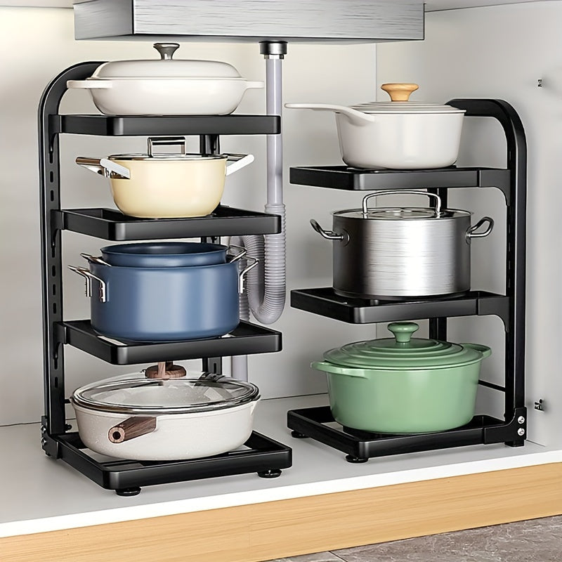 Регулируемая полка для кухонных кастрюль с 3 уровнями — открытая конструкция для легкого доступа, простая установка и надежное решение для хранения вашей посуды.