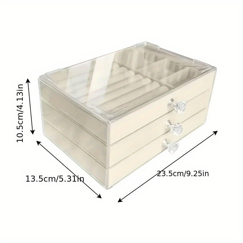 Velvet Acrylic Jewelry Storage Box with 3 Drawers Stackable Organizer for Women