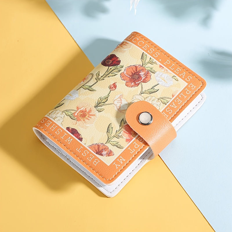 Sintetik charmli ayollar uchun hamyon, bir nechta karta joylari, tugmachali yopilish va yorqin atirgul dizayni bilan.