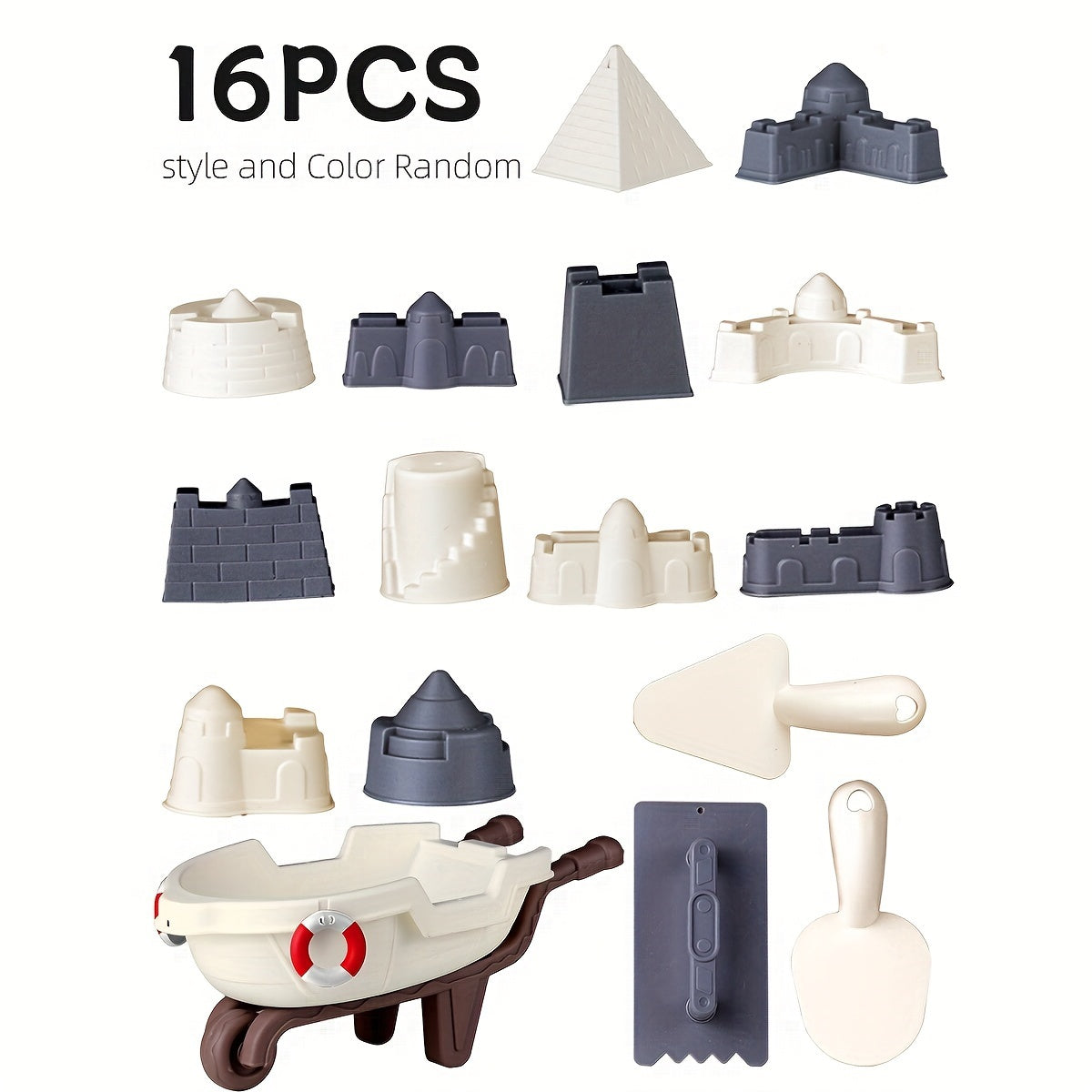 Детский набор пляжных игрушек с лопаткой, ведром, машинкой и башней в сером цвете для детей от 3 лет