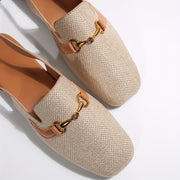 Women's Beige Mary Jane Flats with Buckle Closure Comfortable Square Toe