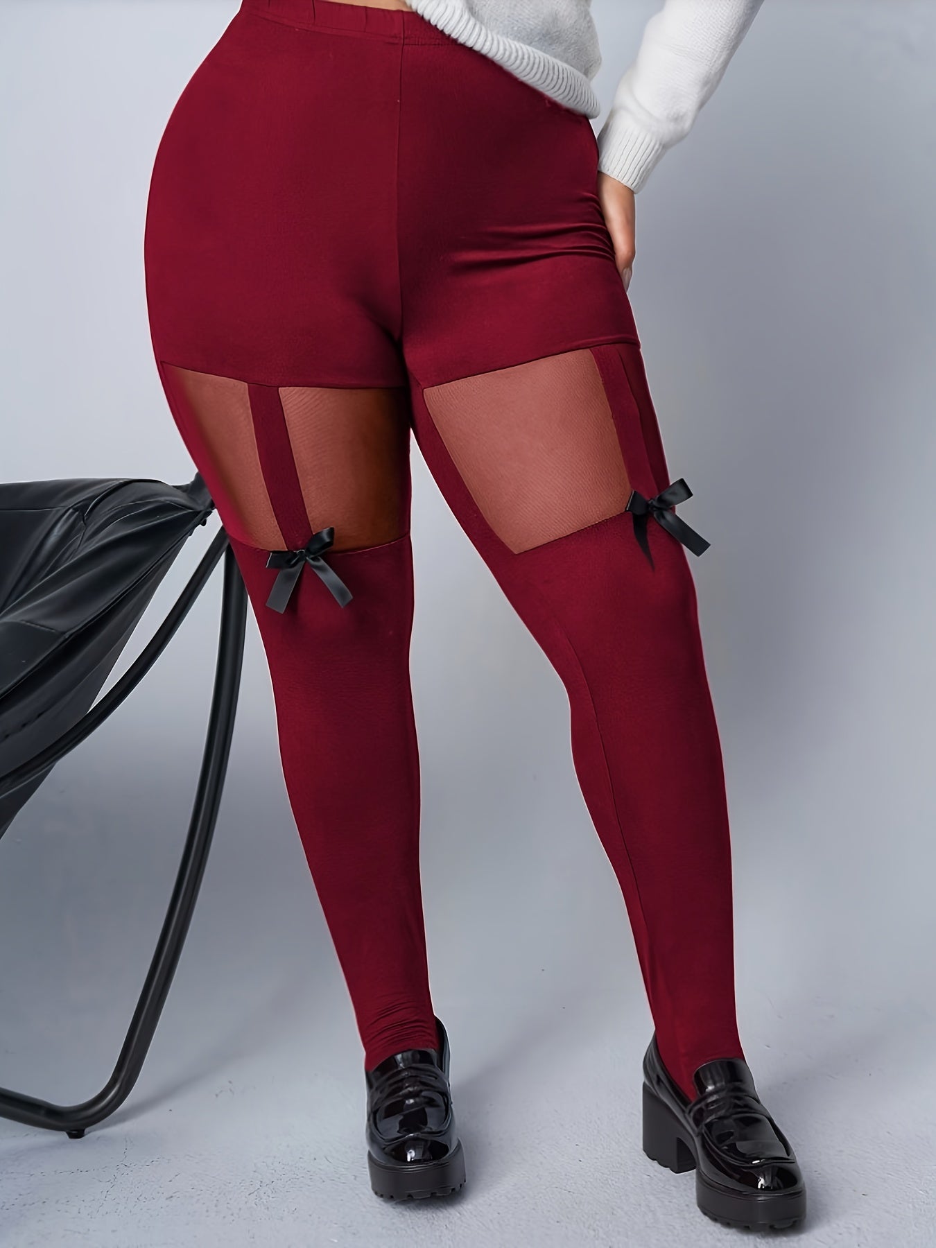 Plus Size Women's Orange Mesh High Waist Leggings with Bow Detail