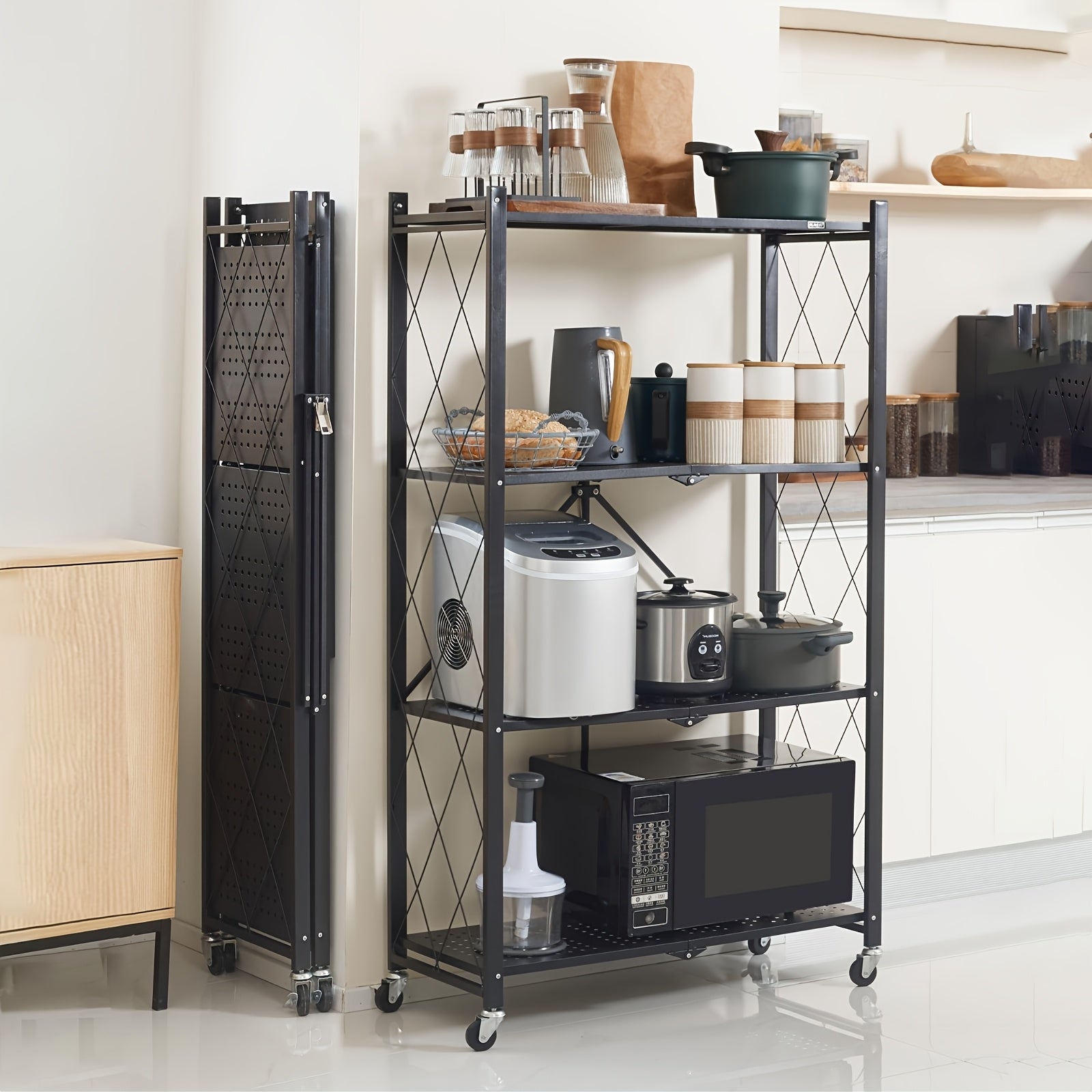 Estantería de almacenamiento plegable de 11 piezas, con 4 niveles y ruedas, unidad de estantería de gran capacidad, estantería de metal con rejilla, negra