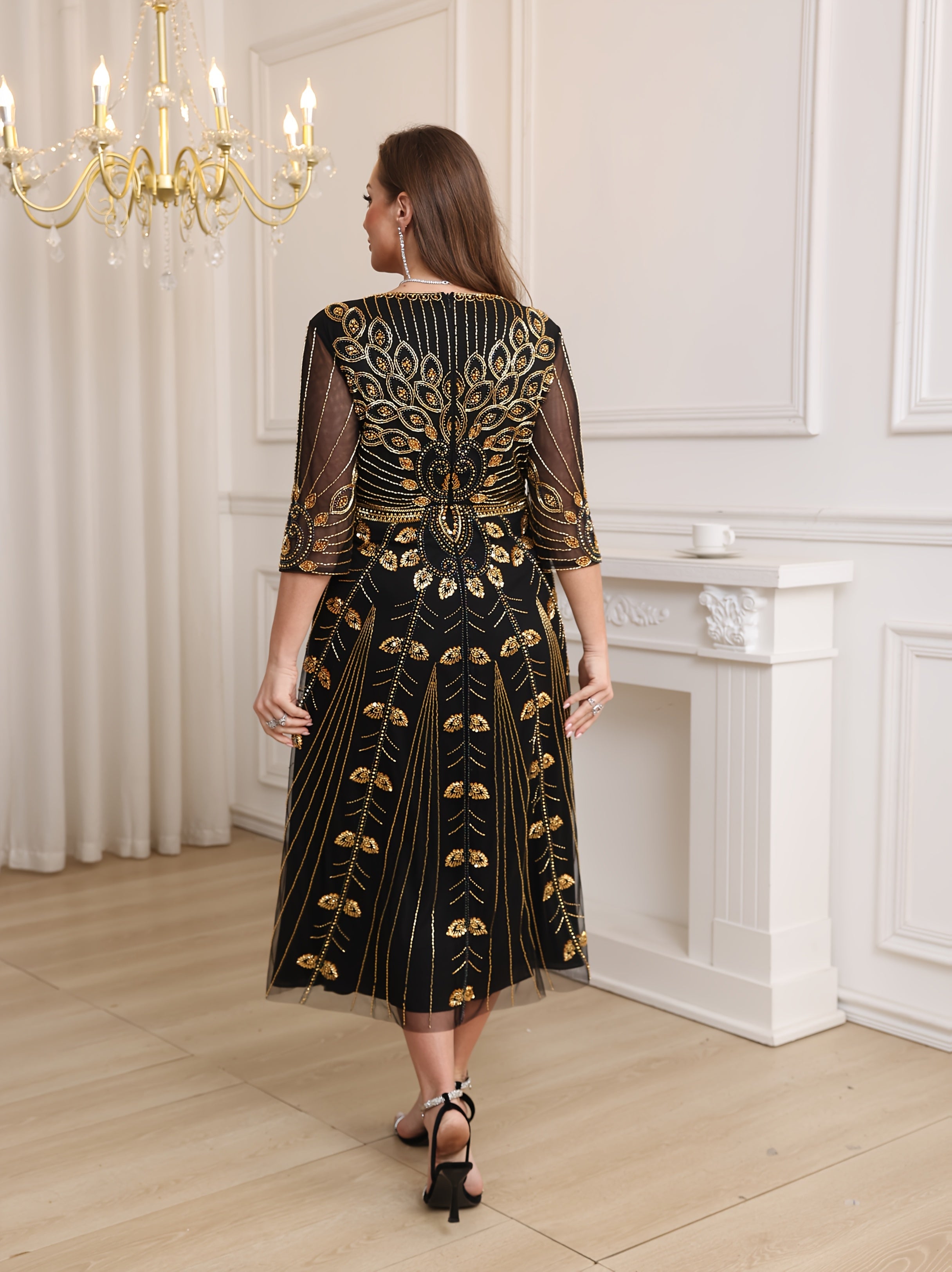 Women's Black Gold Sequin Beaded Evening Dress V-Neck Half-Sleeve