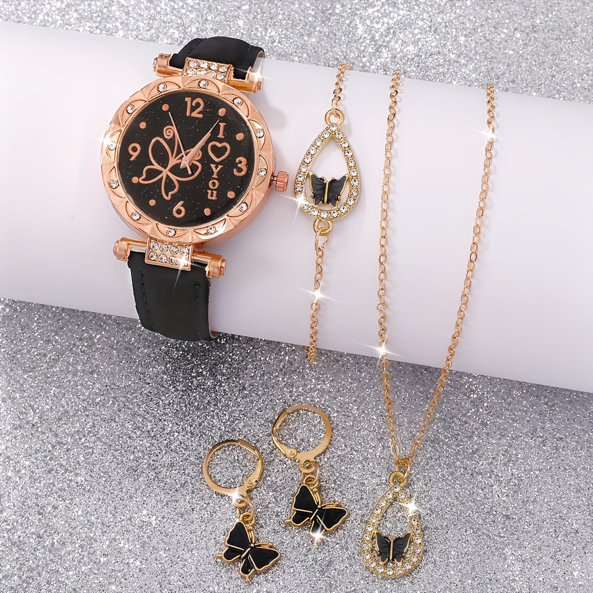 Set of 5 Women's Quartz Watches with Rhinestone Butterfly Design