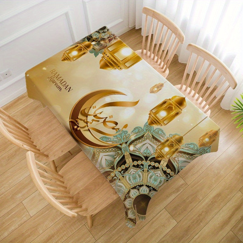 Ramadan Kareem Tablecloth with Golden Moon Mandala Pattern Polyester for Eid Al-Fitr Festive Decor