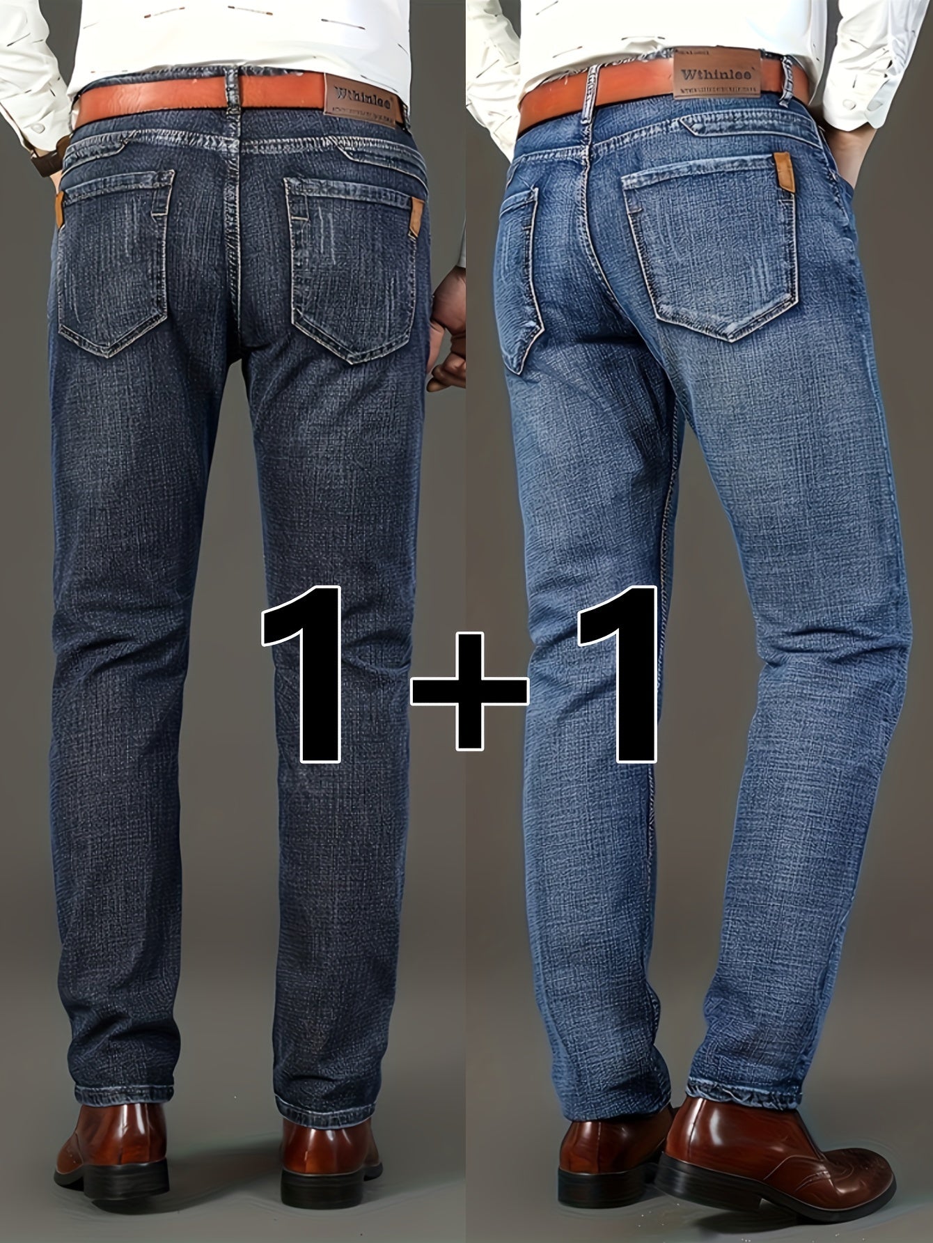 Men's Solid Denim Pants with Pockets Cotton Blend Regular Fit for Outdoor Activities Set of 2
